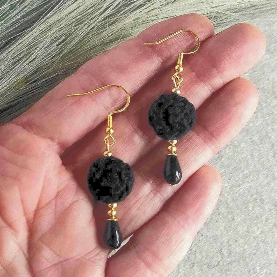 Black Micro Crochet Earrings: Pearl Drop, Golden Accents