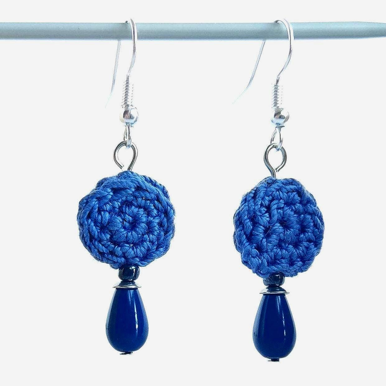 Crochet Pearl Drop Earrings: Boho Denim Blue, Sterling Silver