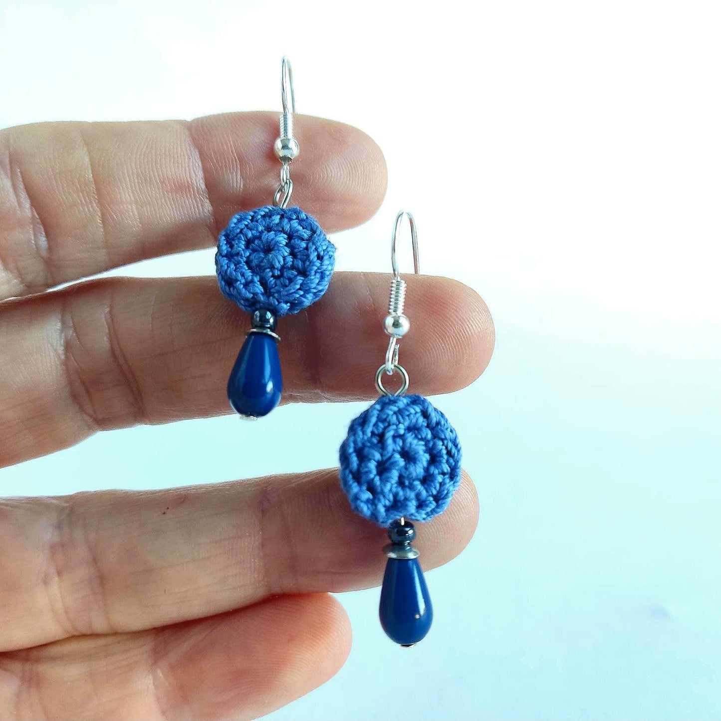 Crochet Pearl Drop Earrings: Boho Denim Blue, Sterling Silver