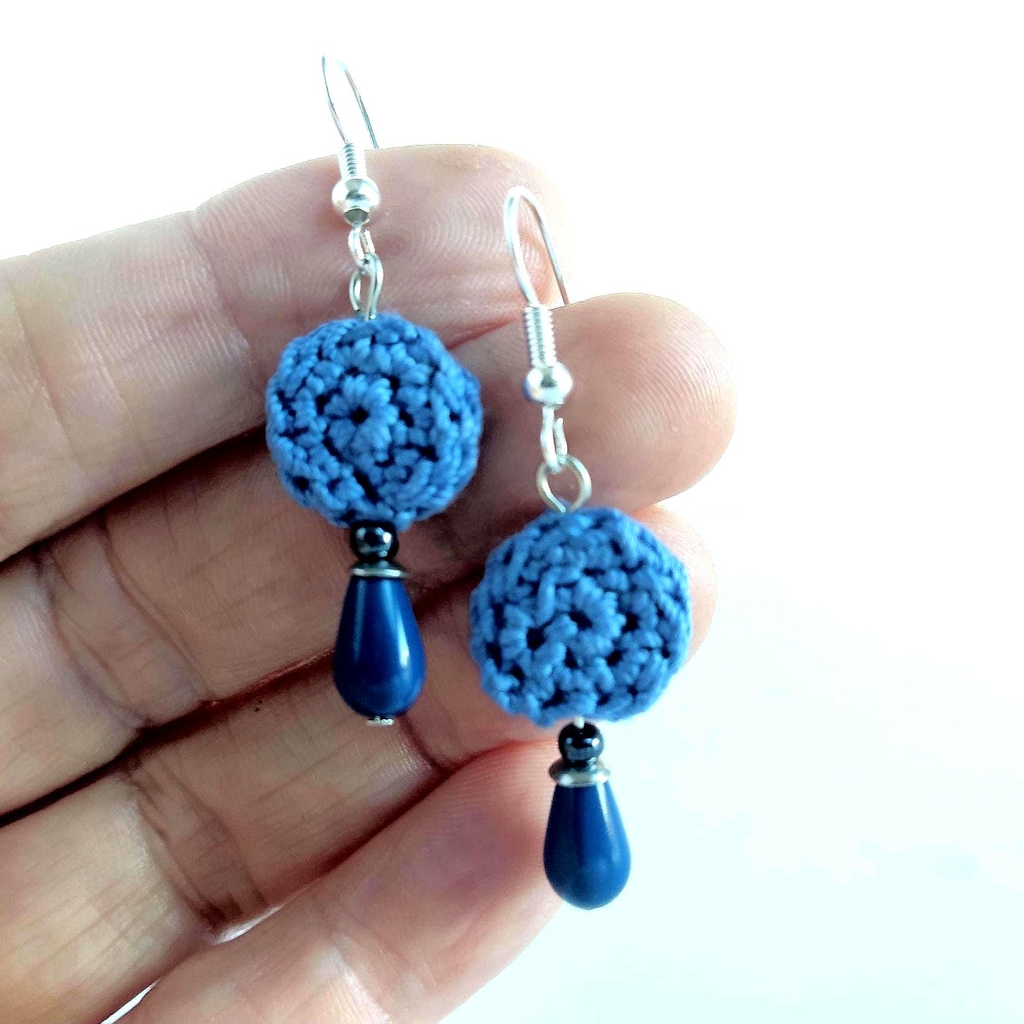 Crochet Pearl Drop Earrings: Boho Denim Blue, Sterling Silver