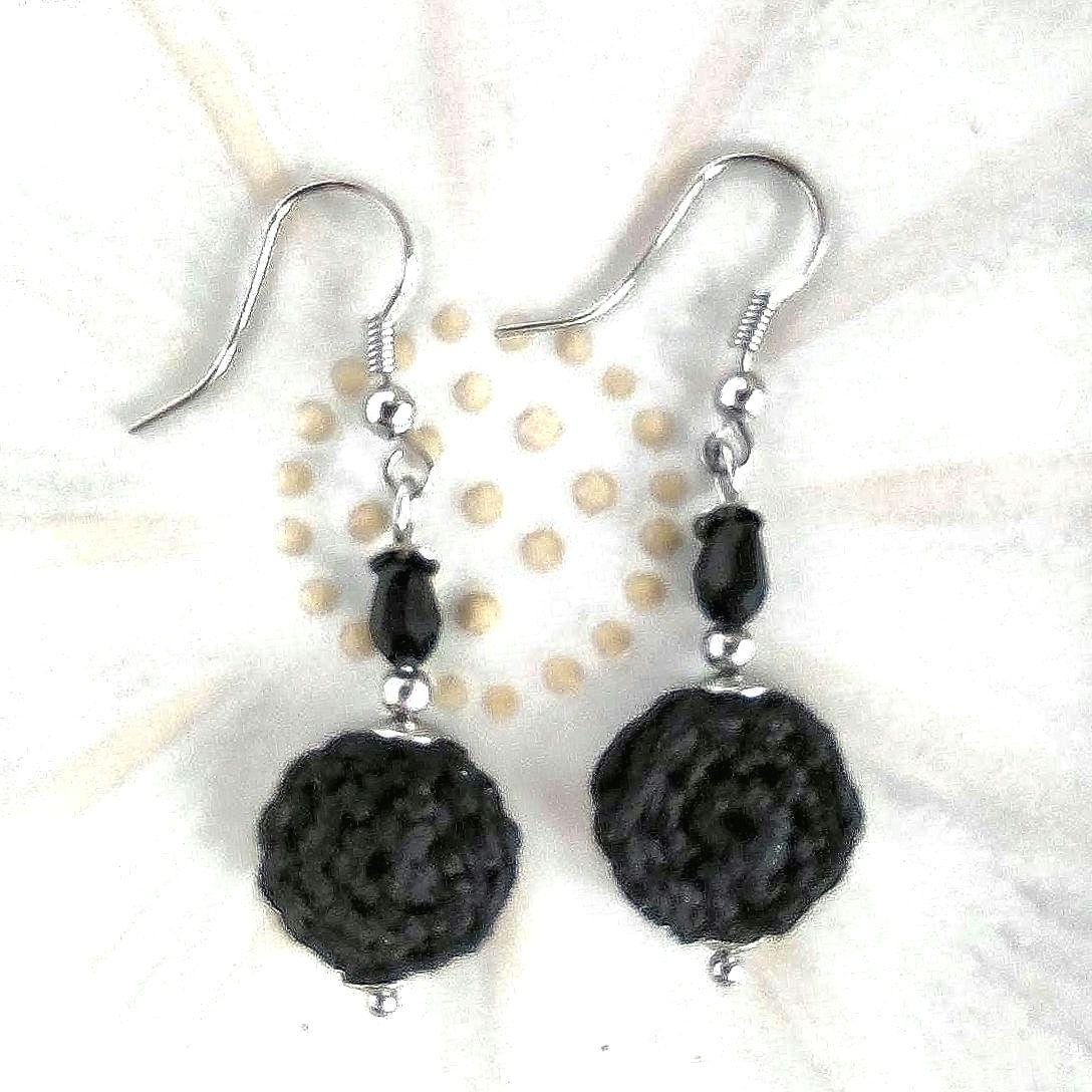 Crochet Black Pearl Drop Earrings: Boho Dangle Earrings