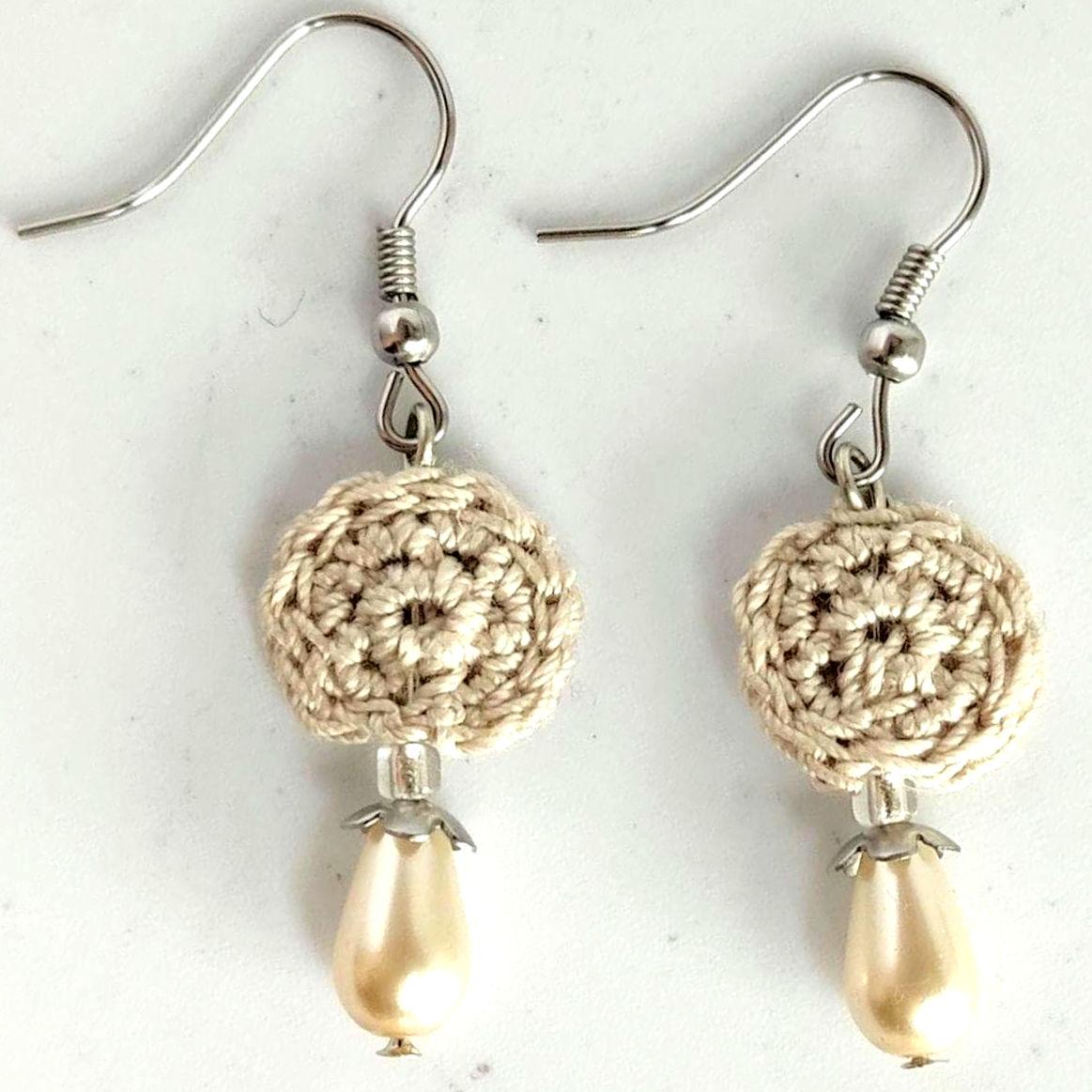Crochet Pearl Drop Earrings: Beige Boho Dangle Earrings