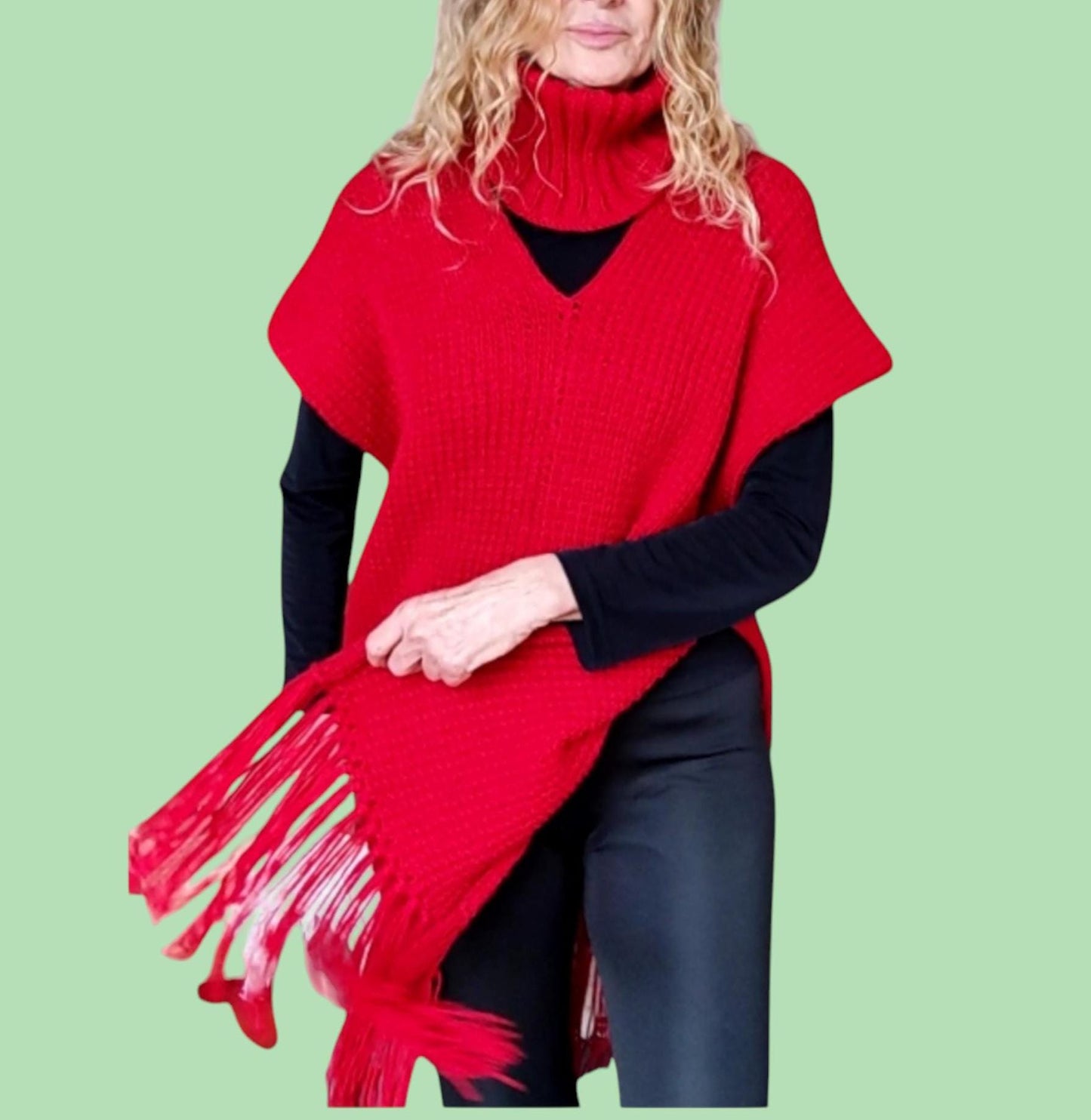 Red Knitted Poncho with Fringe - Turtleneck Vest for Women