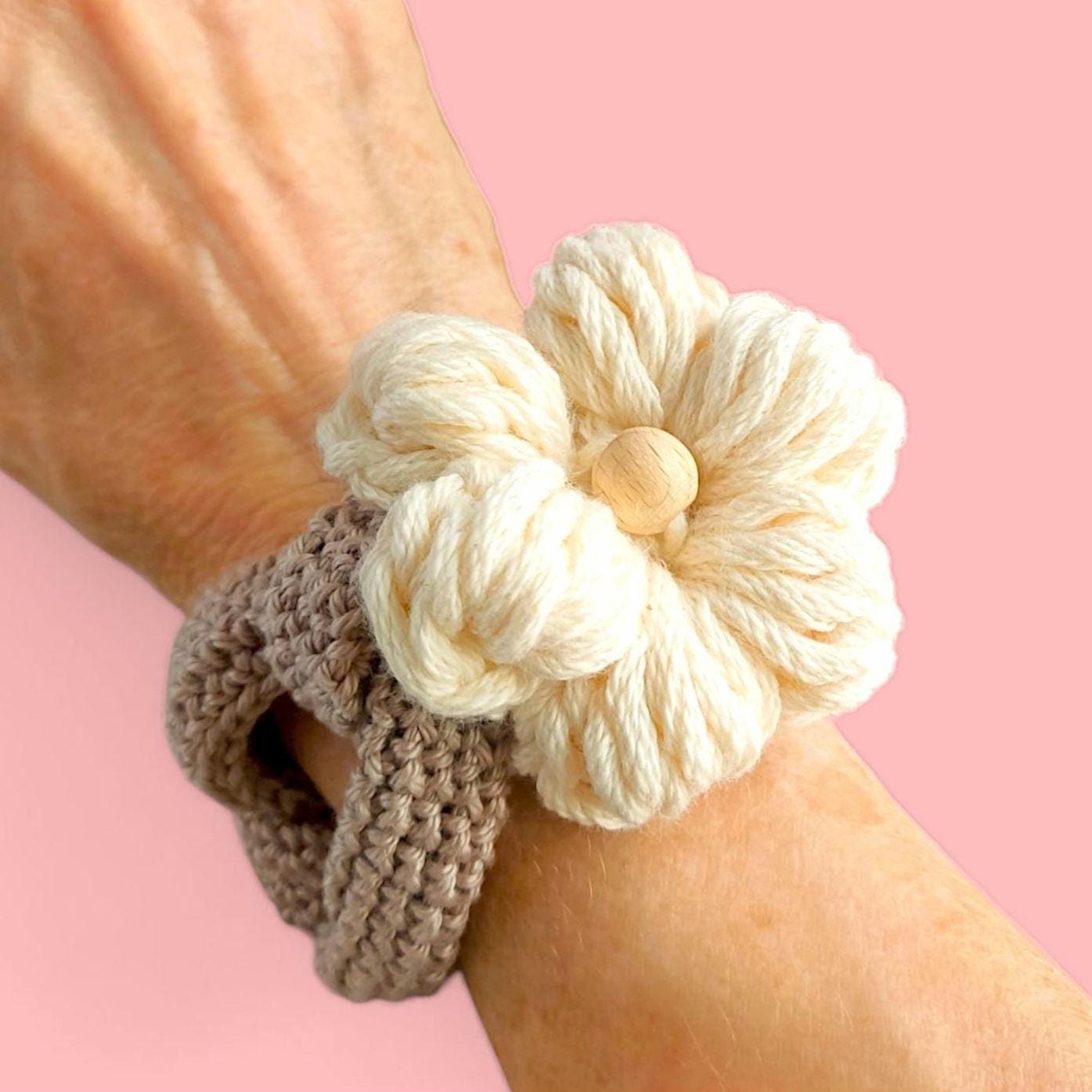 Chunky Crochet Flower Bracelet - Boho Daisy Cuff Cotton Jewelry