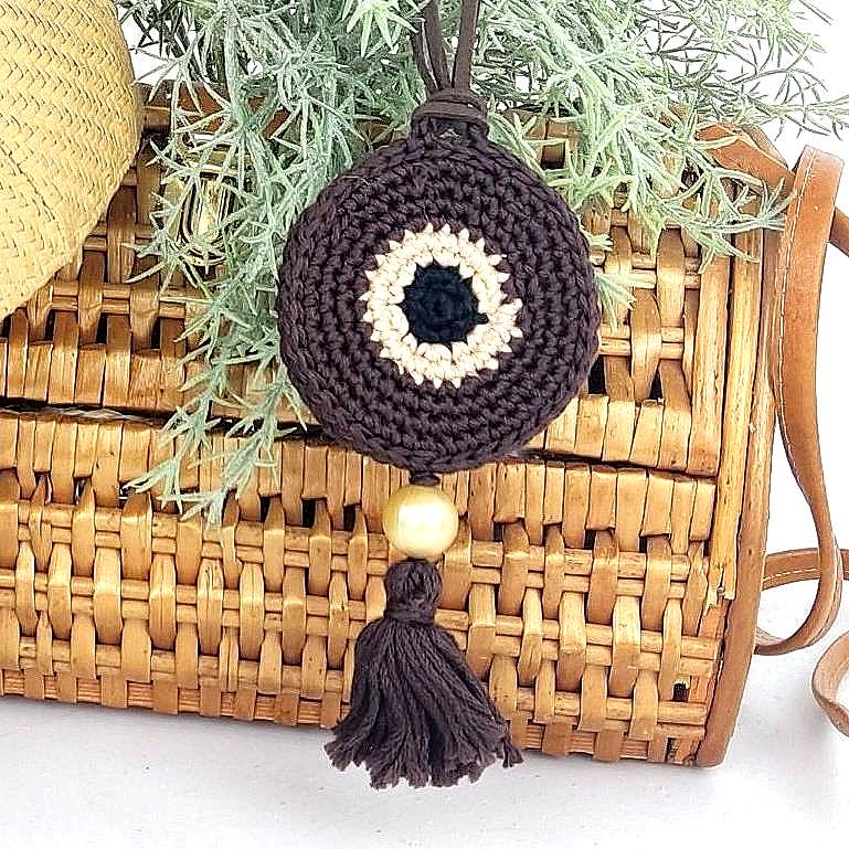 Chocolate Brown Crochet Evil Eye Pendant Necklace - Boho Tassel Leather Strap, Protection Jewelry