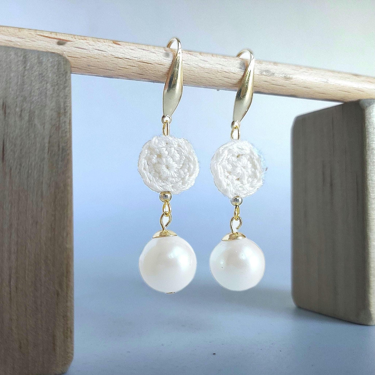 Crochet Pearl Dangle Earrings: Cream White Boho Drop Earrings