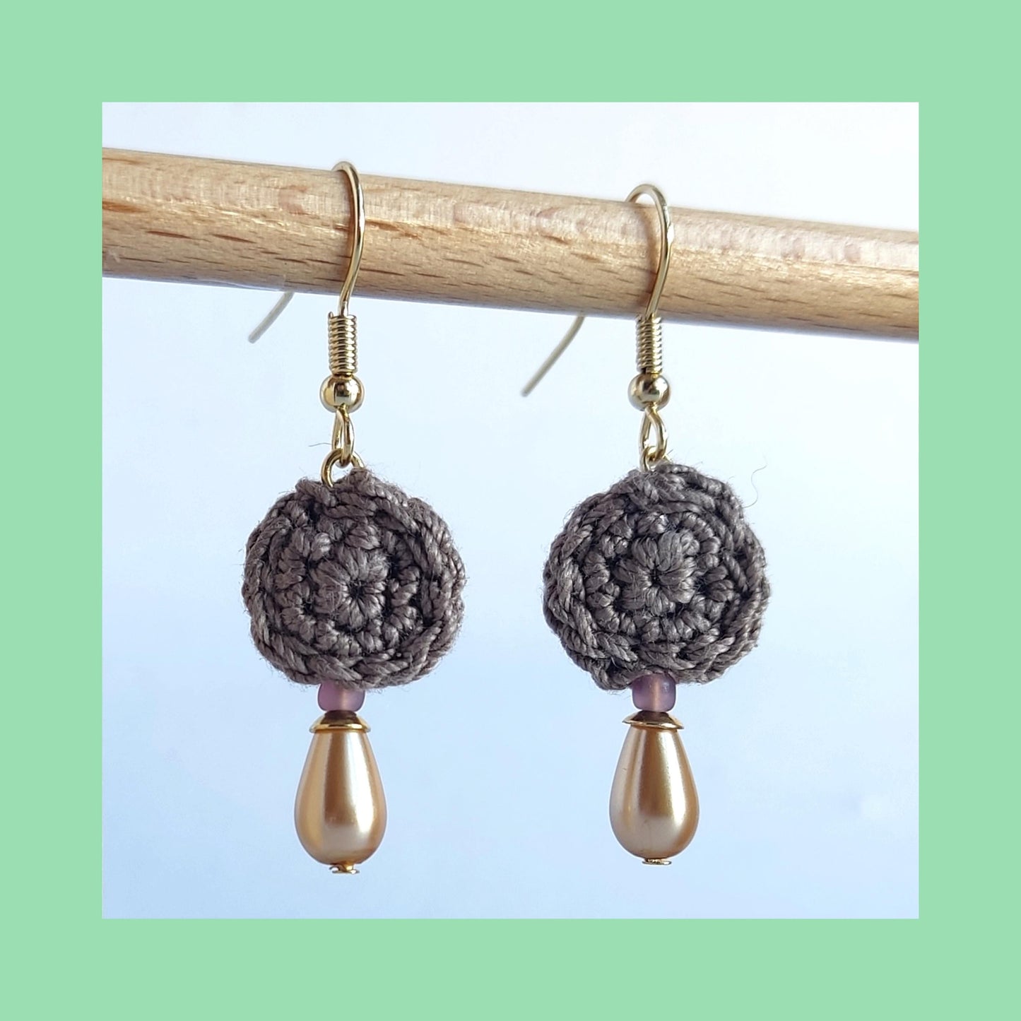 Crochet Pearl Dangle Earrings: Brown Boho Drop Earrings