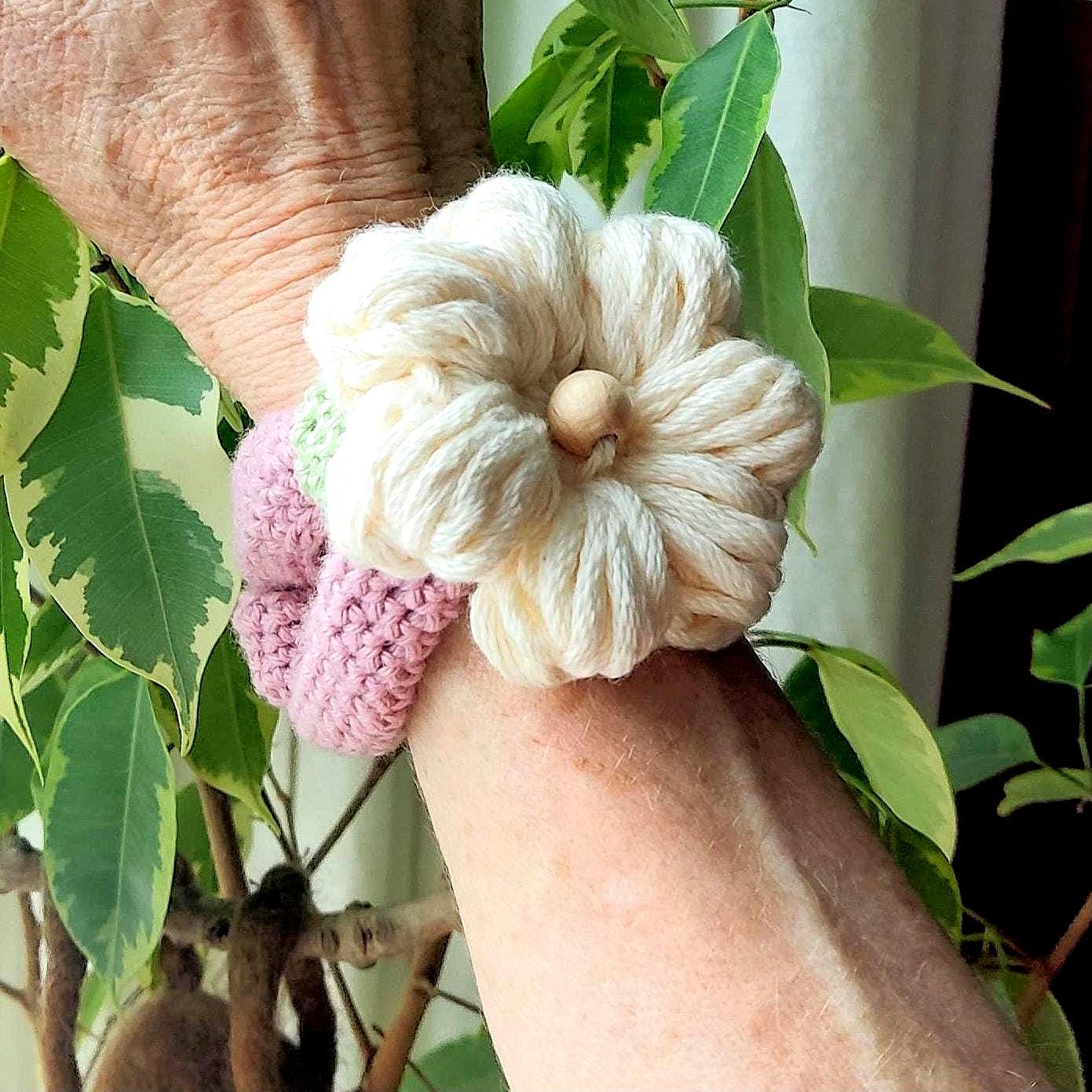 Chunky Crochet Flower Bracelet - Boho Daisy Cuff Cotton Jewelry
