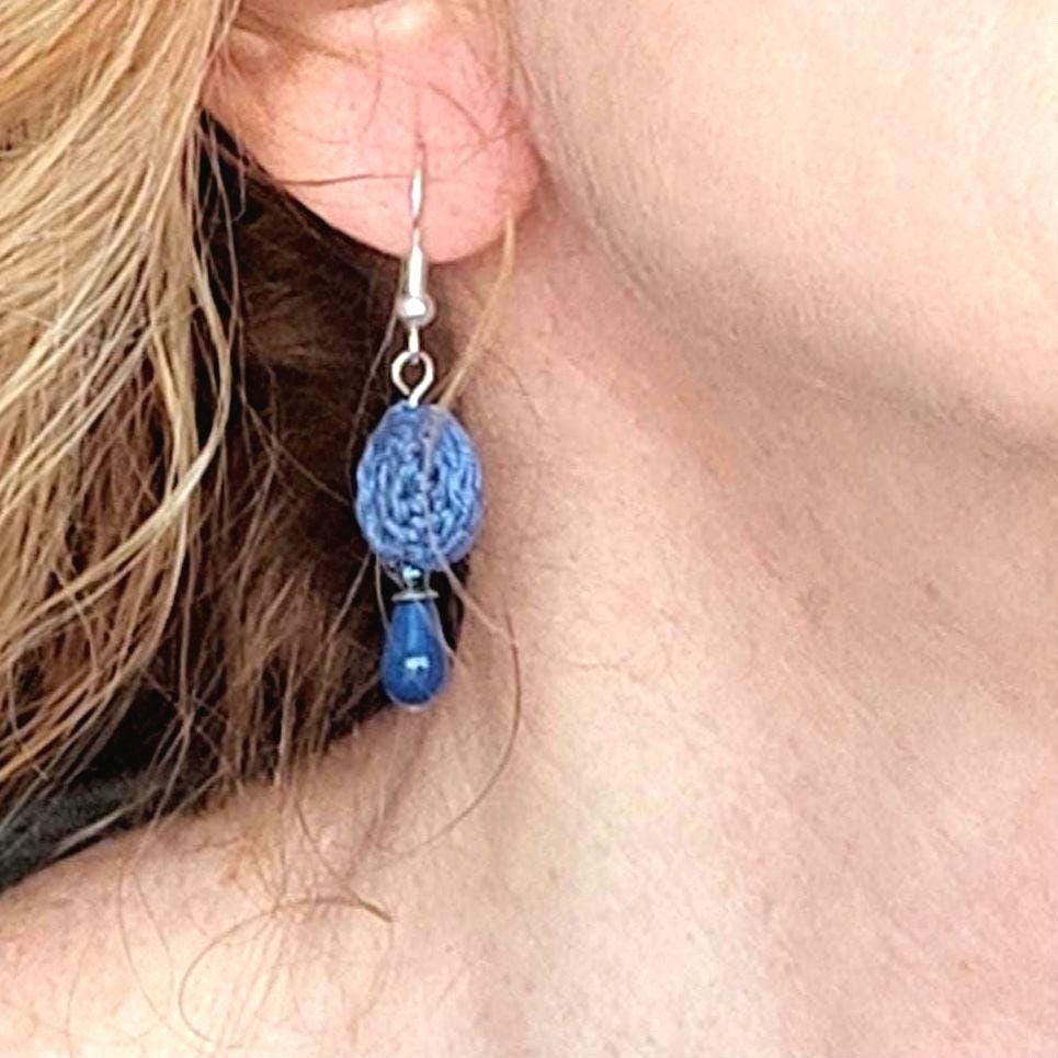 Crochet Pearl Drop Earrings: Boho Denim Blue, Sterling Silver