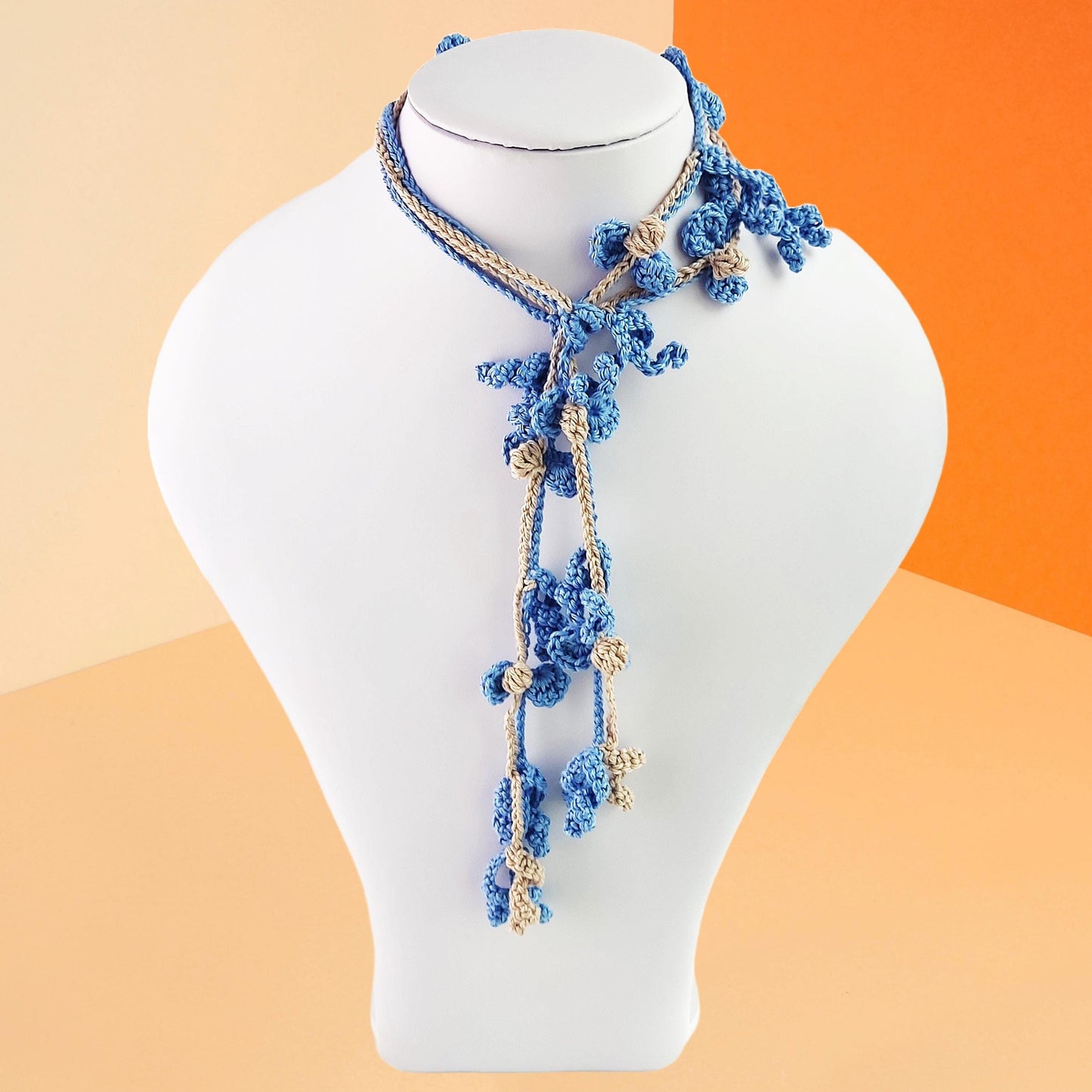 Long Crochet Flower Lariat Necklace - Denim Blue Cotton Scarf Necklace Boho