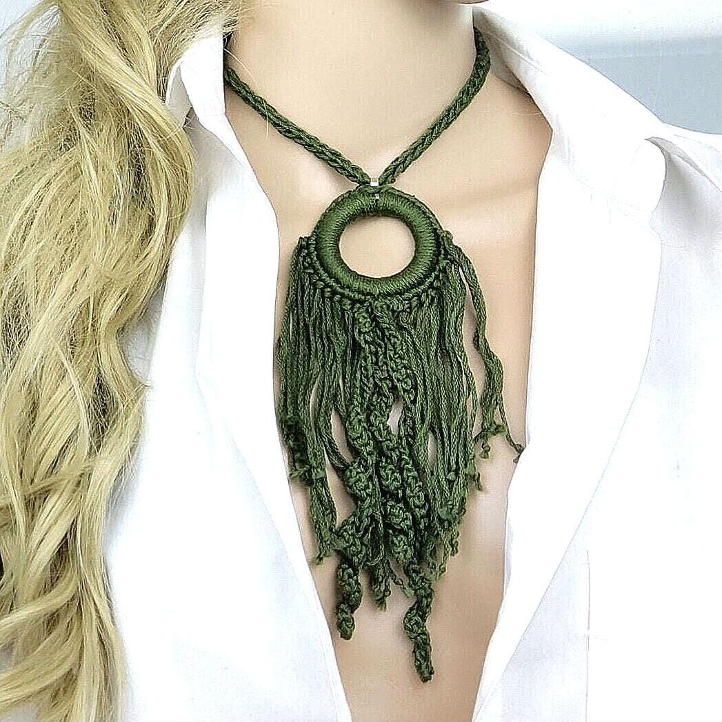 Olive Green Crochet Pendant Necklace - Handmade Boho Fringe Statement Jewelry