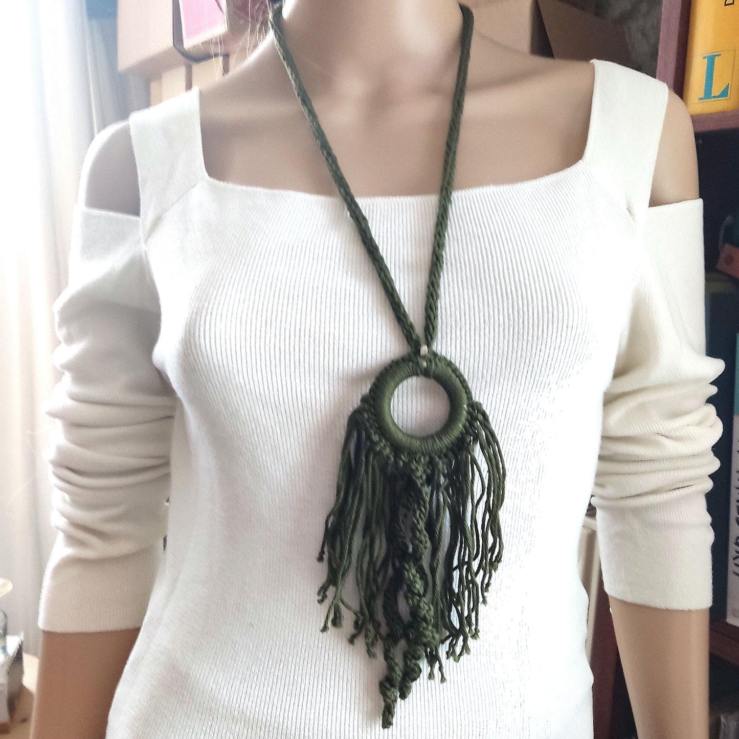 Olive Green Crochet Pendant Necklace - Handmade Boho Fringe Statement Jewelry