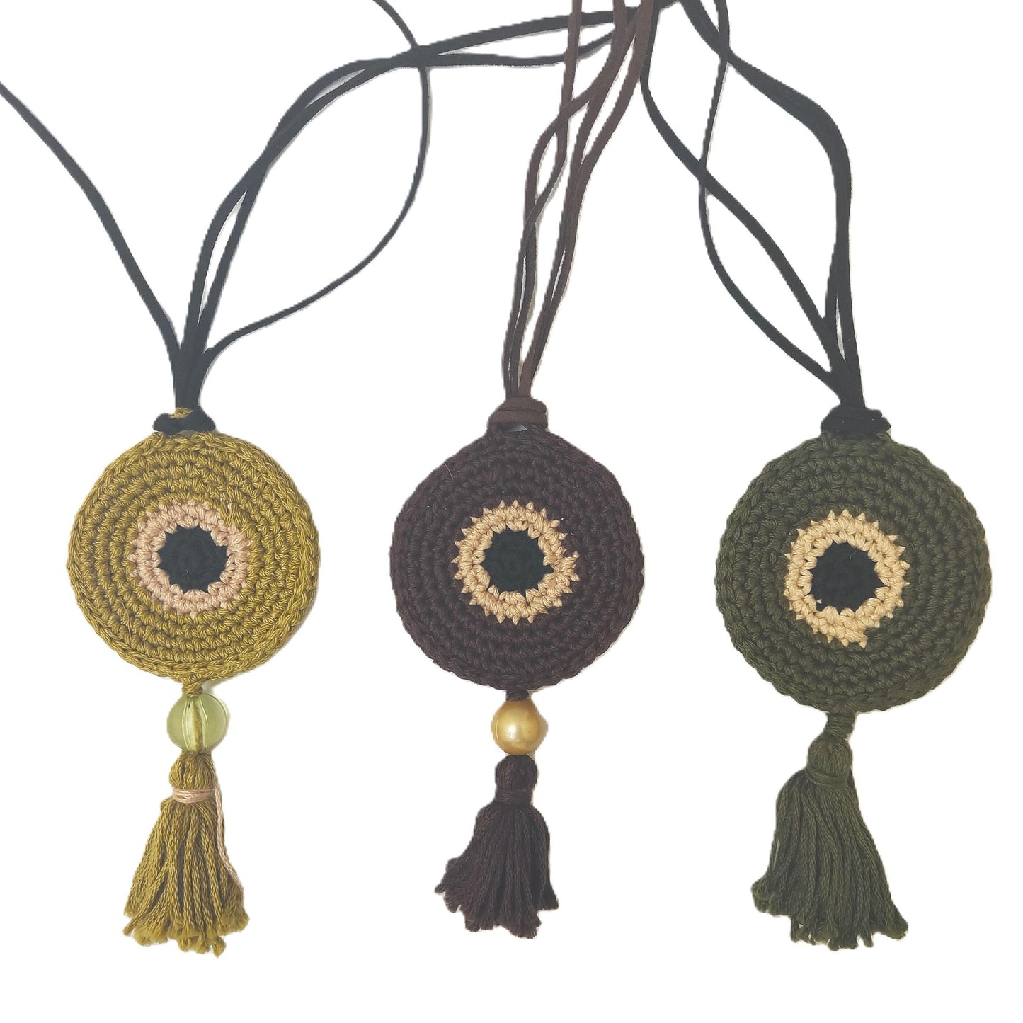 Chocolate Brown Crochet Evil Eye Pendant Necklace - Boho Tassel Leather Strap, Protection Jewelry