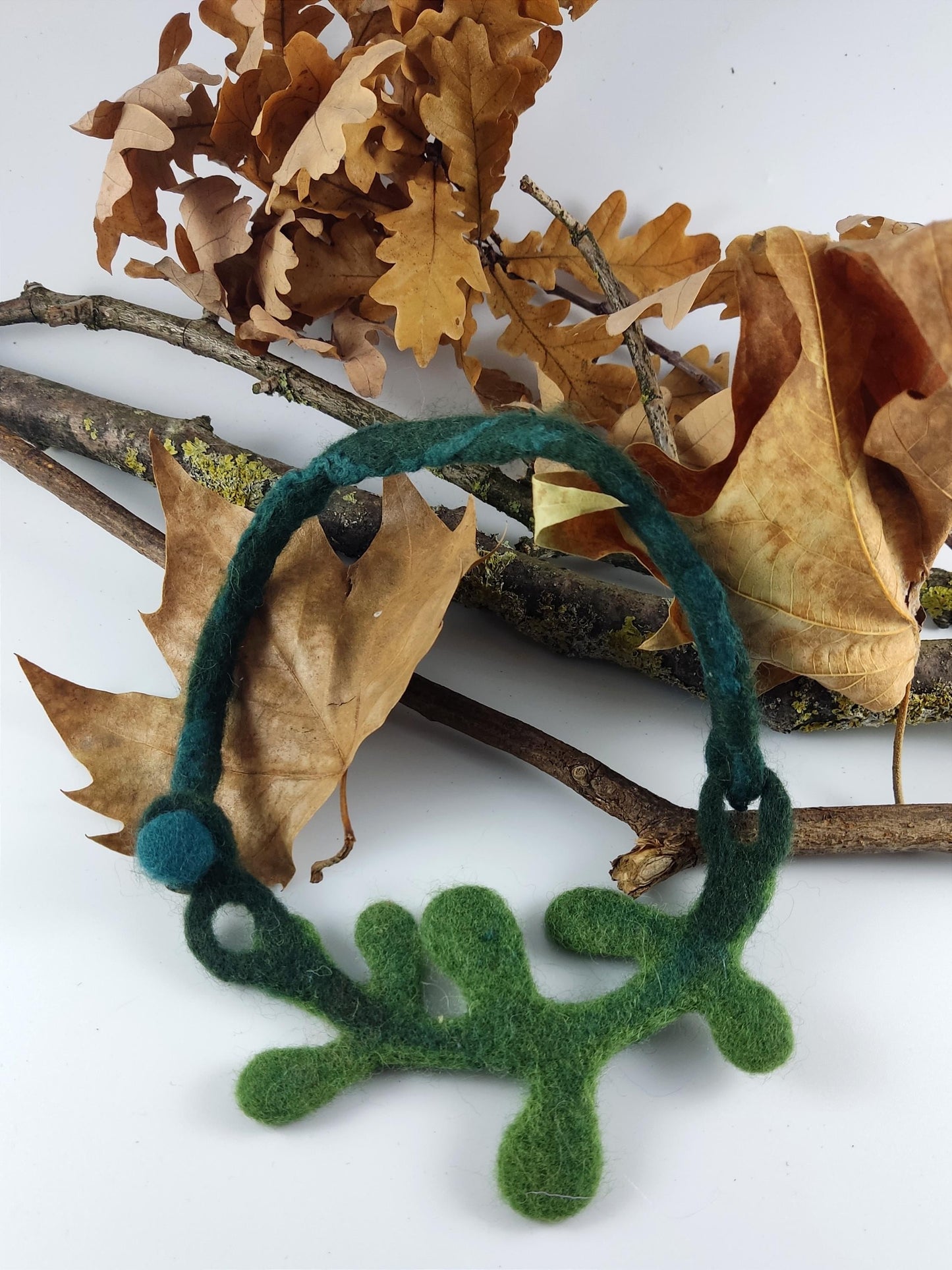 Needle Felted Boho Necklace: Brown, Yellow, Green Tassel Pendant