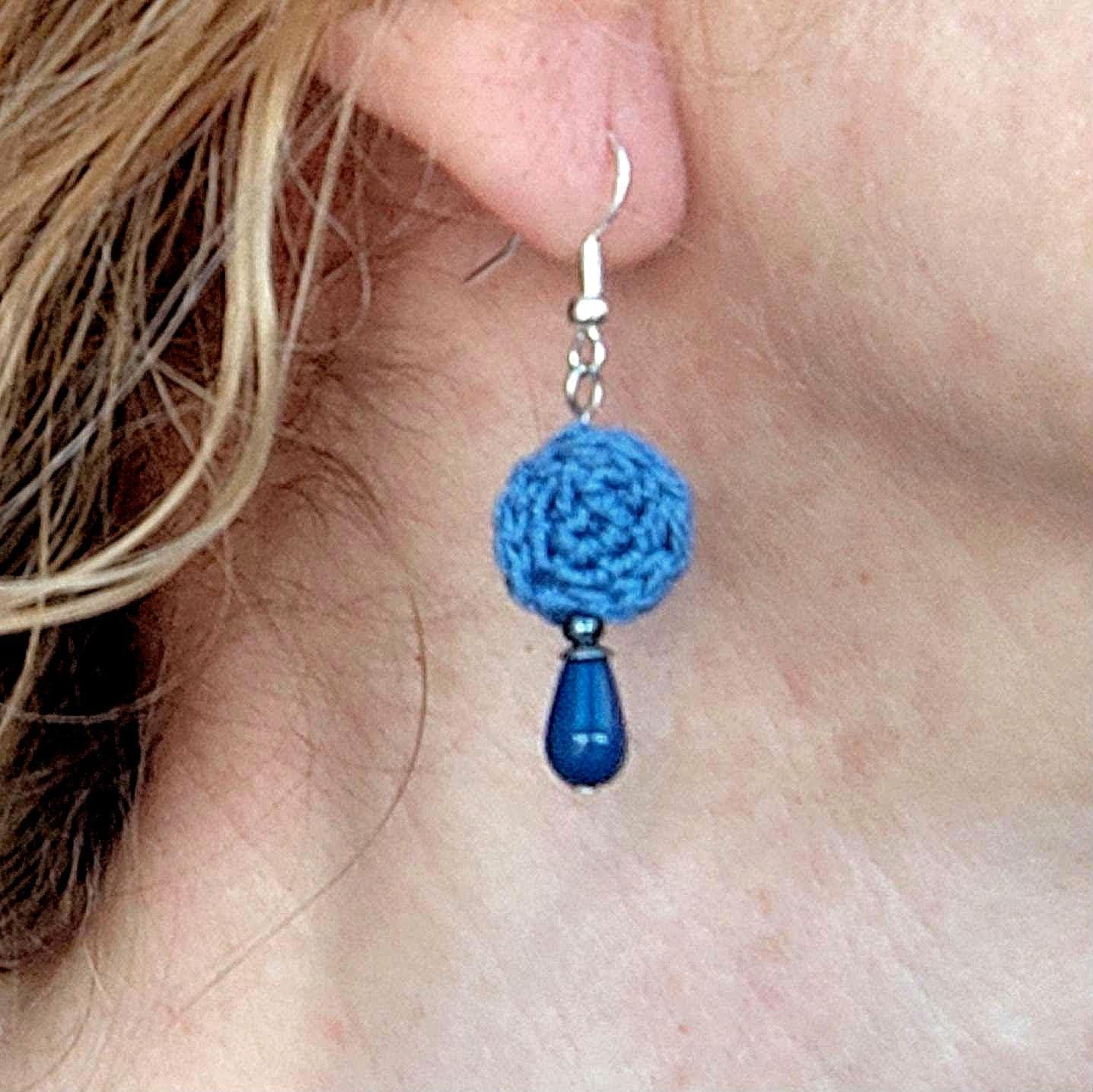 Crochet Pearl Drop Earrings: Boho Denim Blue, Sterling Silver