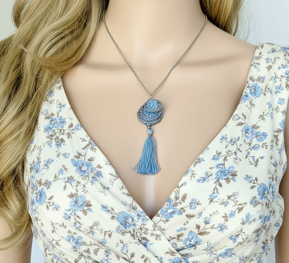 Crochet Pendant Necklace - Denim Blue & Beige Boho Tassel Necklace