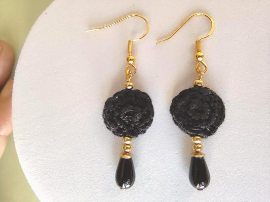 Black Micro Crochet Earrings: Pearl Drop, Golden Accents