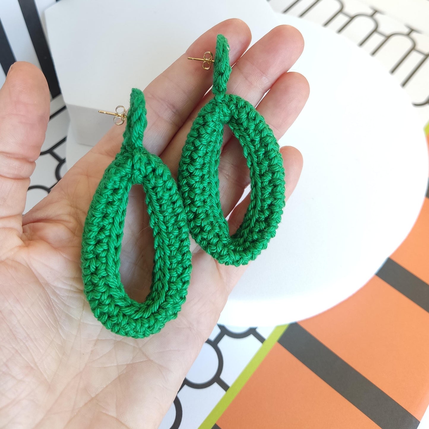 Emerald Green Crochet Hoop Earrings: Cotton Yarn , Gold Plated Studs