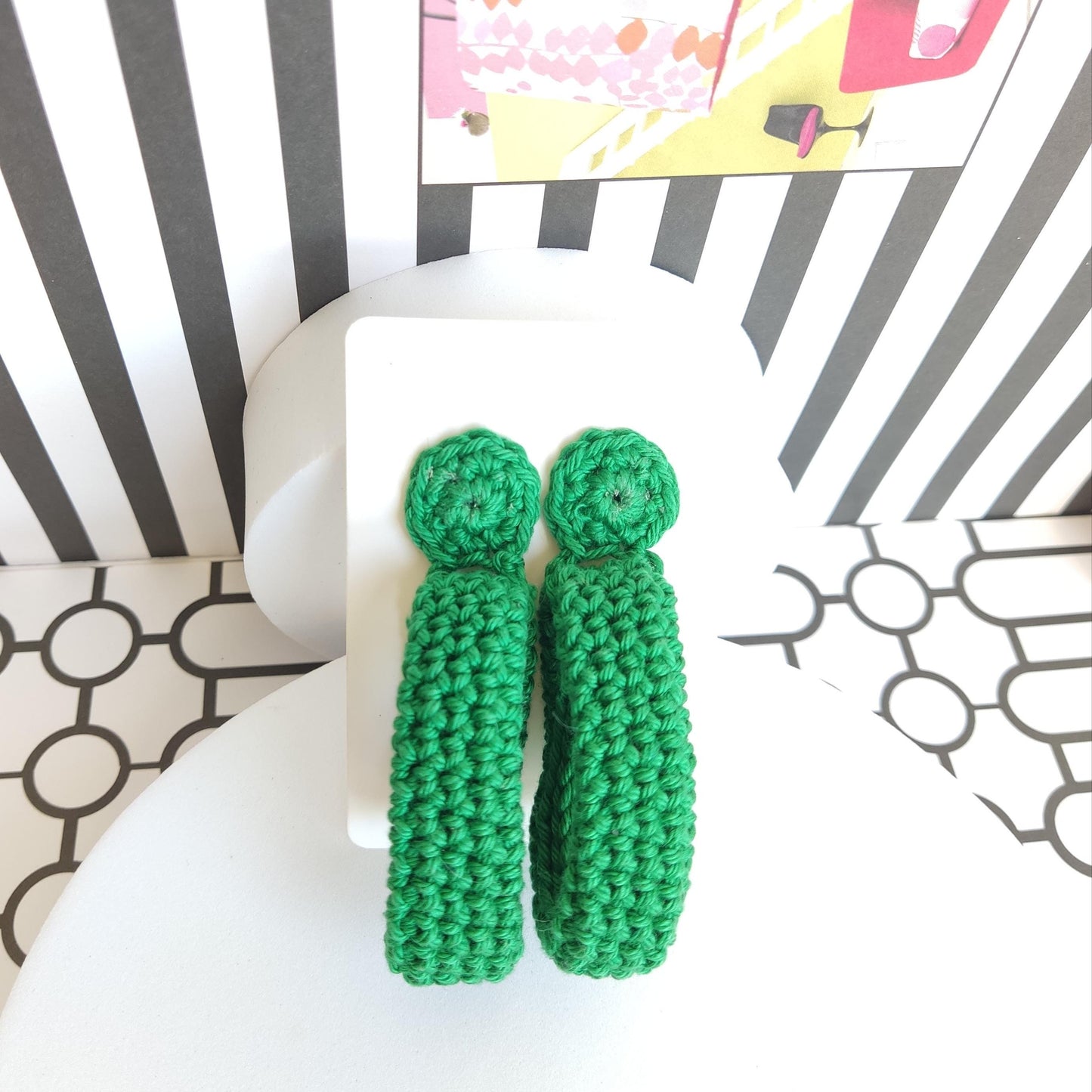 Emerald Green Crochet Hoop Earrings: Cotton Yarn , Gold Plated Studs