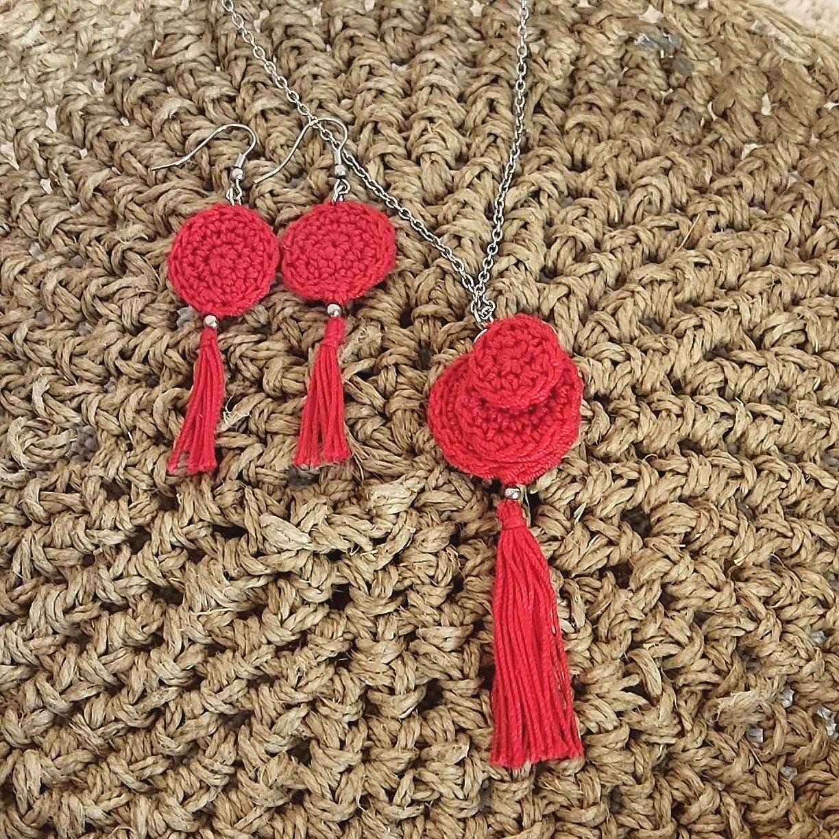 Red Crochet Jewelry Set: Handmade Tassel Necklace & Earrings - Boho Gift