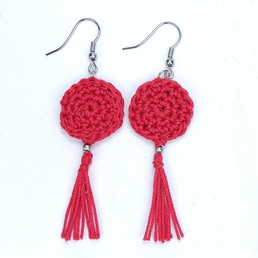 Red Crochet Jewelry Set: Handmade Tassel Necklace & Earrings - Boho Gift