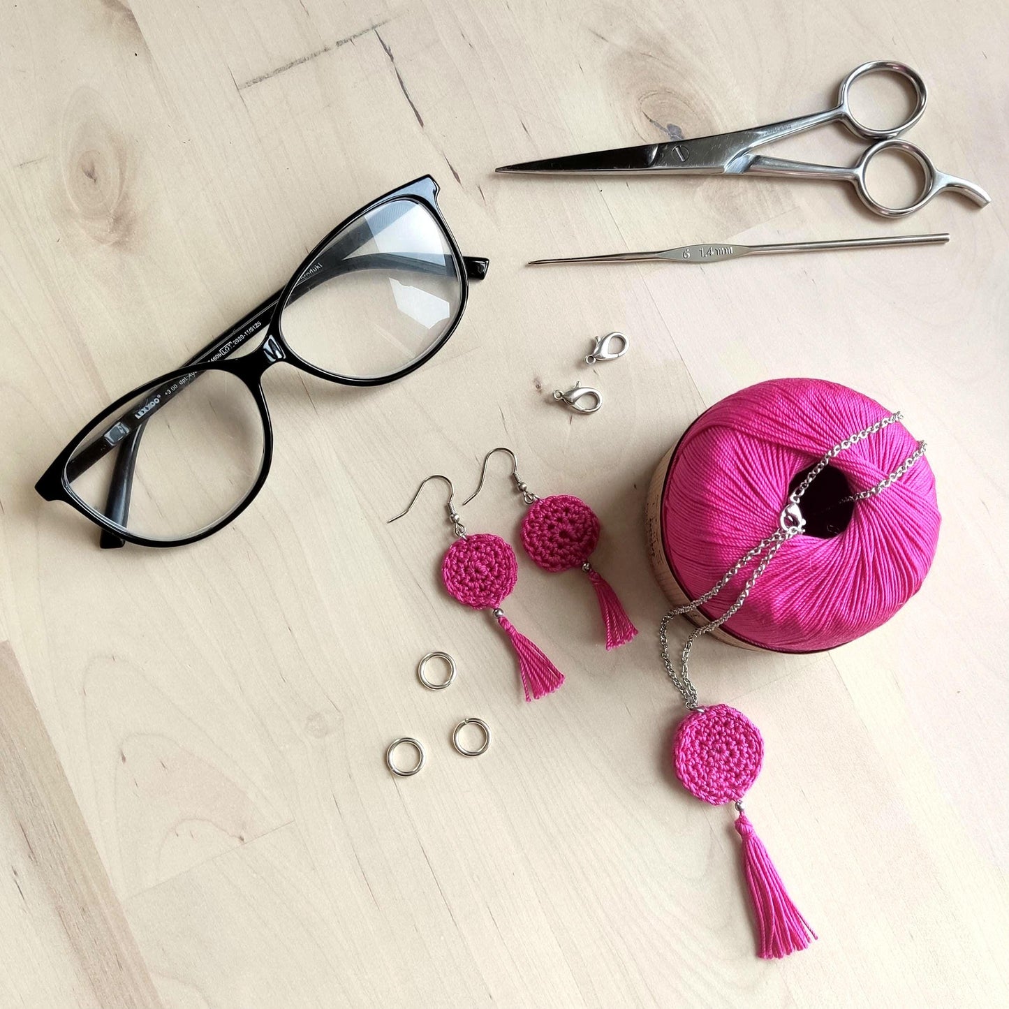 Red Crochet Jewelry Set: Handmade Tassel Necklace & Earrings - Boho Gift