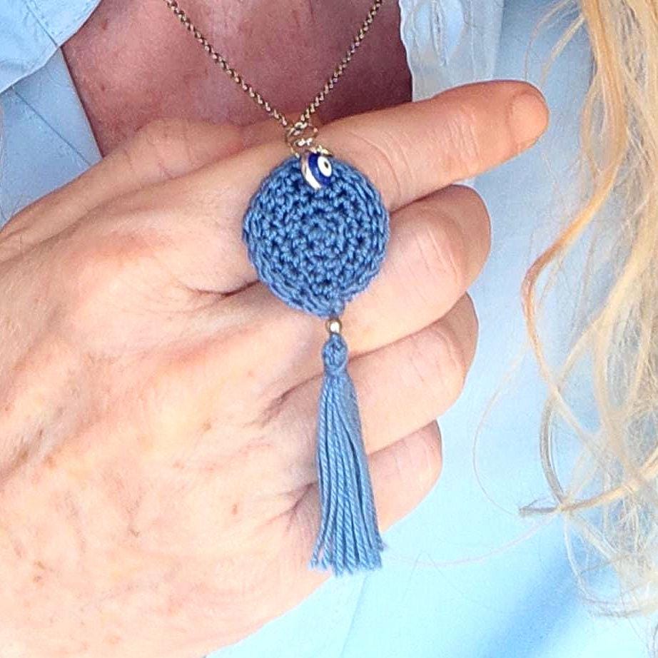 Personalized Crochet Necklace with Charm - Initial, Birthstone, or Evil Eye Boho Jewelry