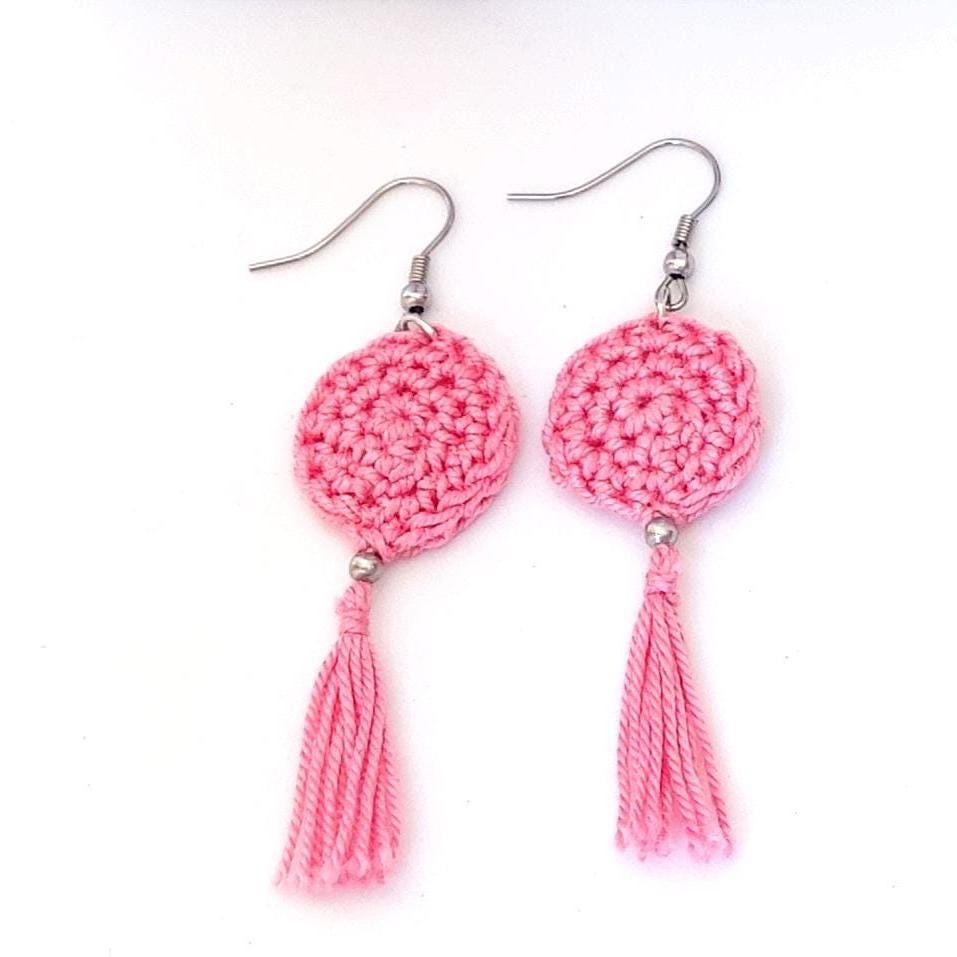 Light Pink Crochet Tassel Earrings: Elegant Boho Jewelry Gift