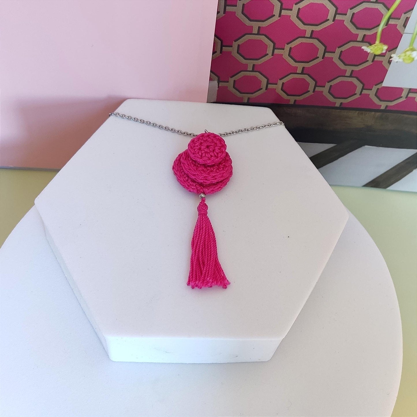 Crochet Necklace:  Denim Blue Pendant Necklace Boho