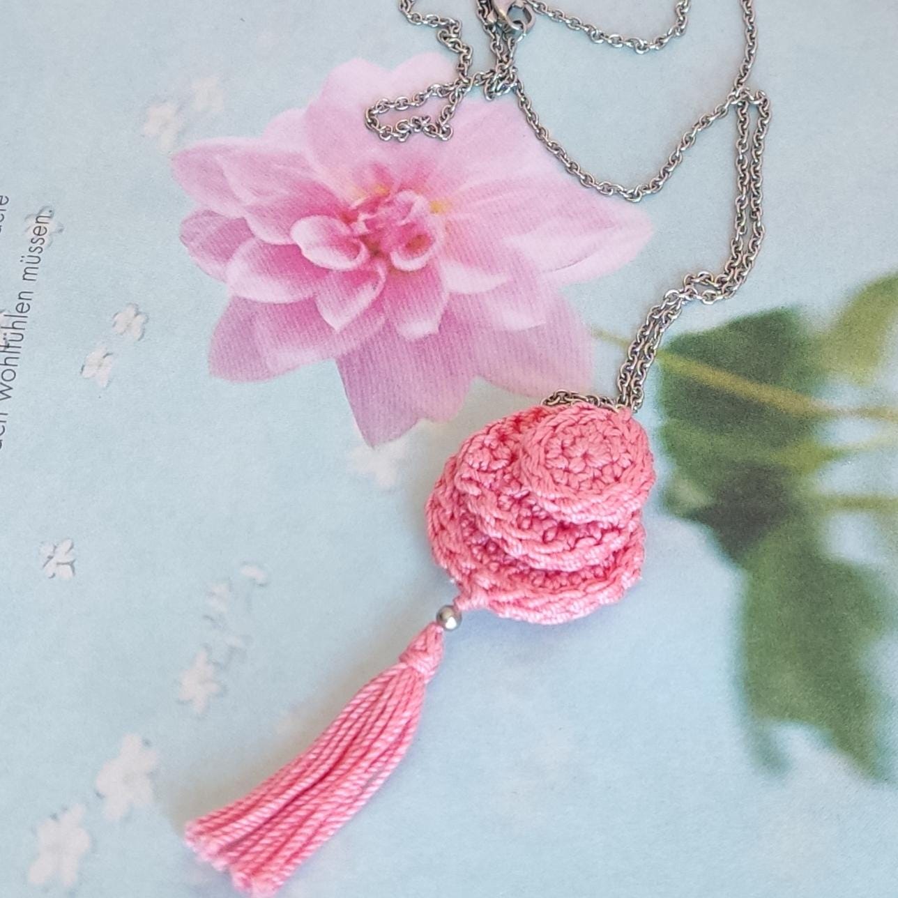 Pink Crochet Pendant Necklace - Handmade Boho Tassel Statement Jewelry