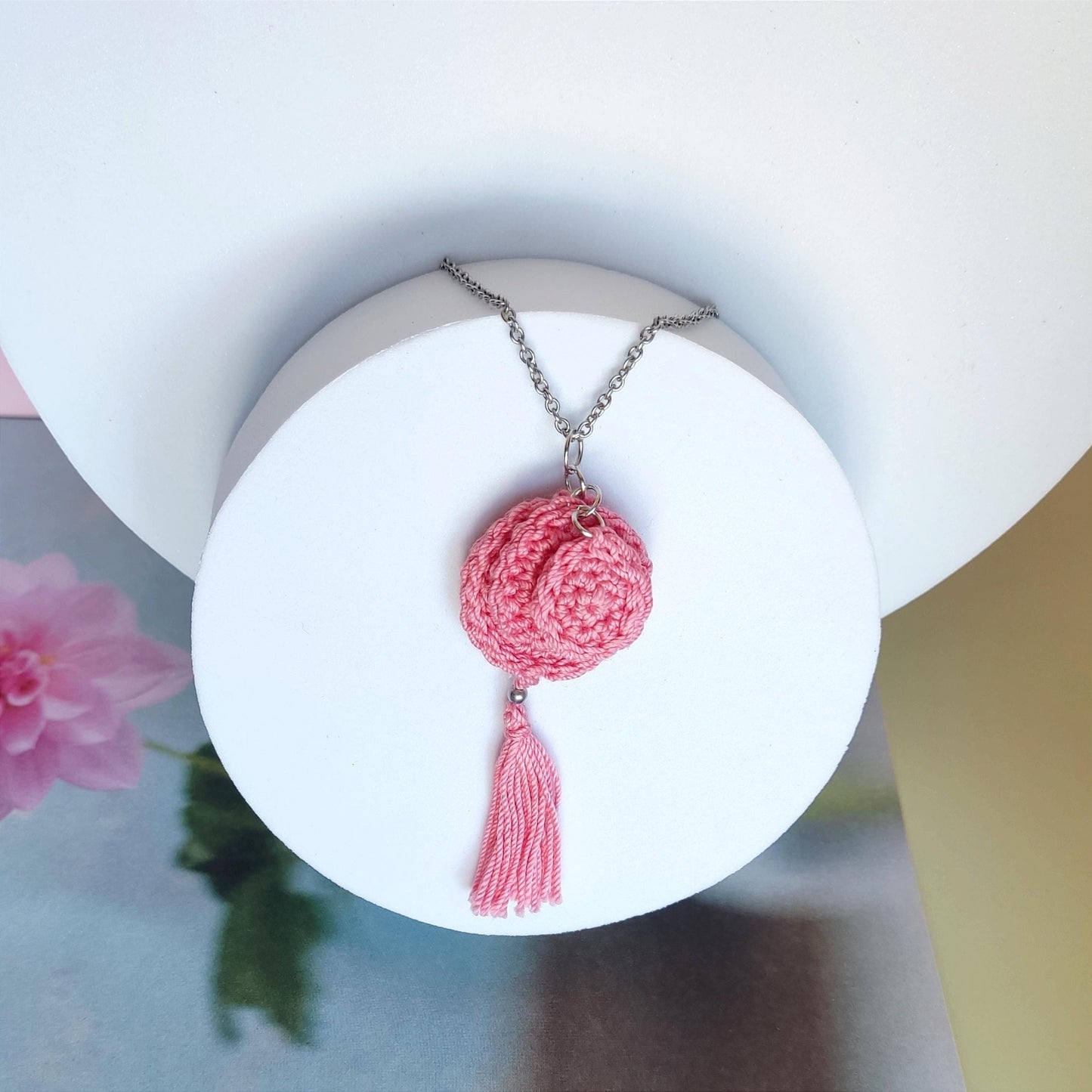 Pink Crochet Pendant Necklace - Handmade Boho Tassel Statement Jewelry