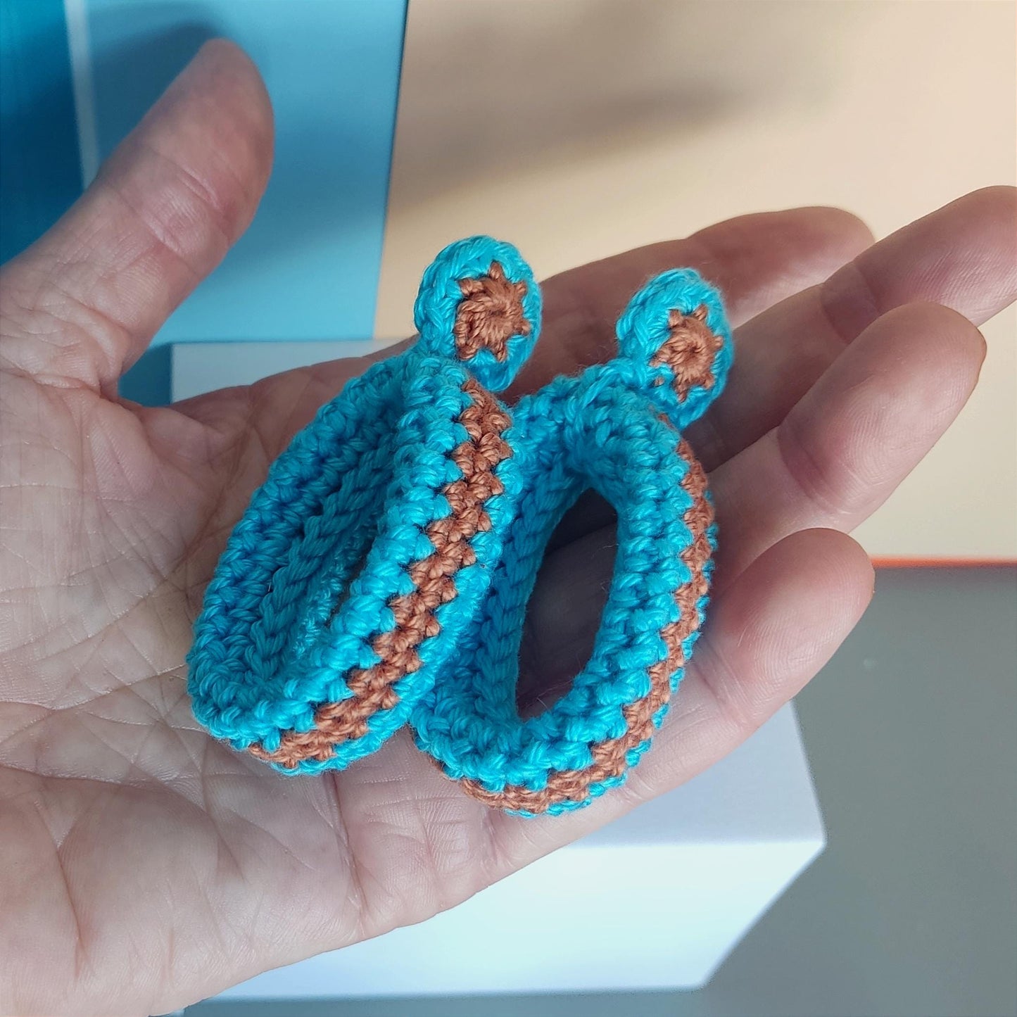 Pink Green Crochet Hoop Earrings: Cotton Yarn, Gold Plated Studs