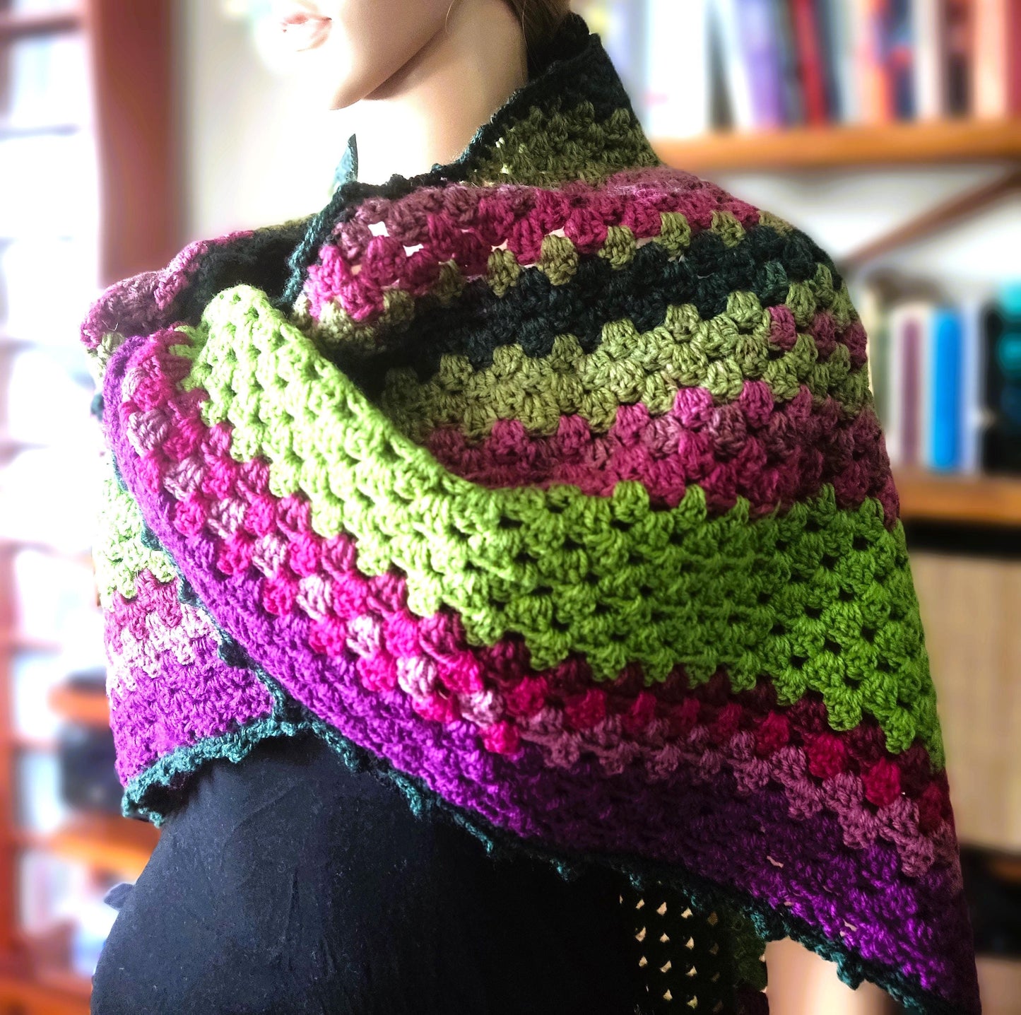 Crochet Granny Square Triangle Scarf - Multicolor Striped Wrap Shawl