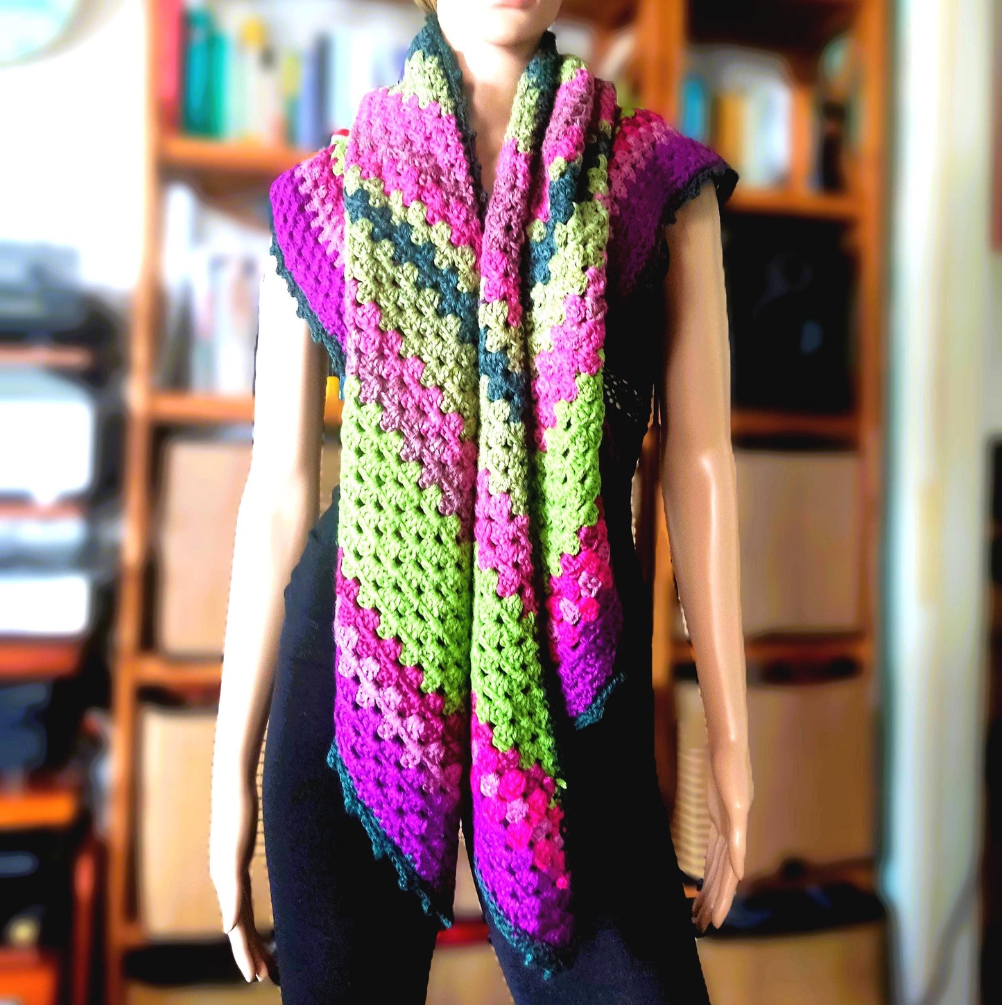 Crochet Granny Square Triangle Scarf - Multicolor Striped Wrap Shawl