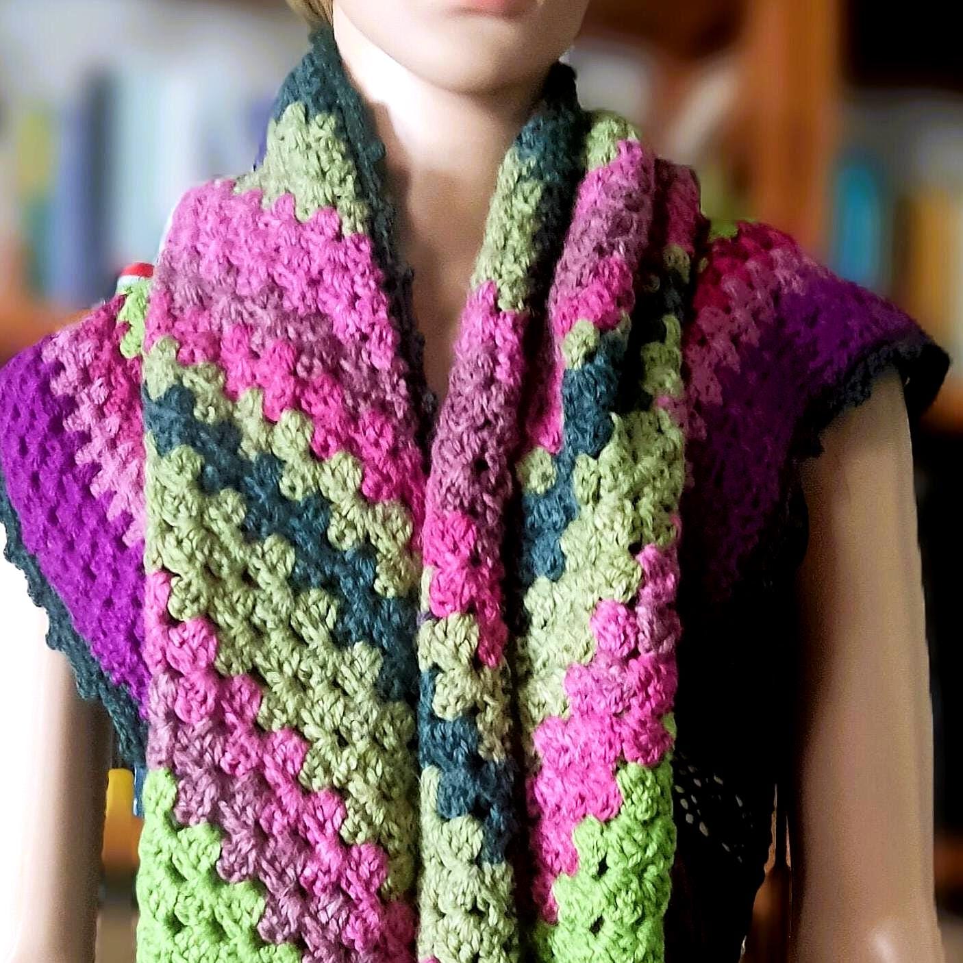 Crochet Granny Square Triangle Scarf - Multicolor Striped Wrap Shawl