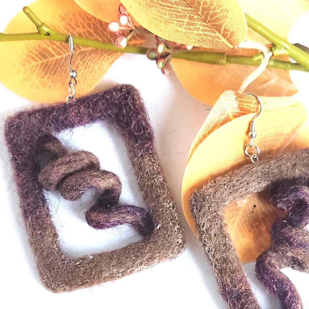 Handmade Felt Dangle Earrings: Brown Merino Wool Geometric Statement Jewelry