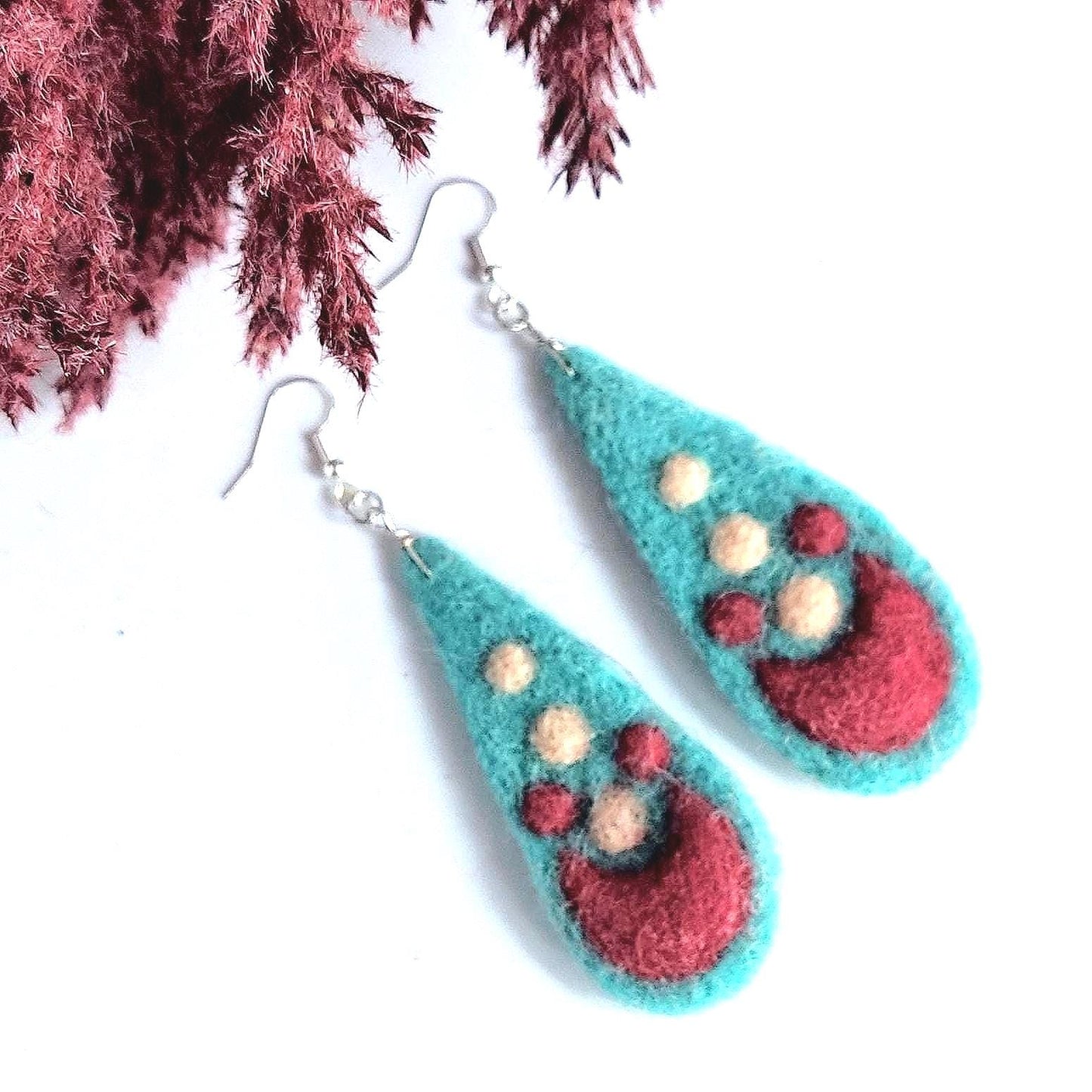 Needle Felted Earrings: Boho Teardrop Merino Wool, Silver Hooks
