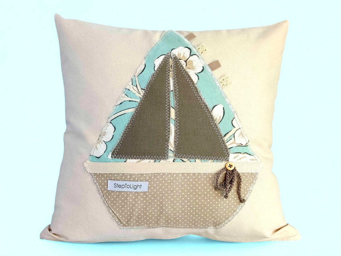 Handmade Nautical Pillow Cover: Patchwork Sailing Boat Applique (40x40 Pillow case)