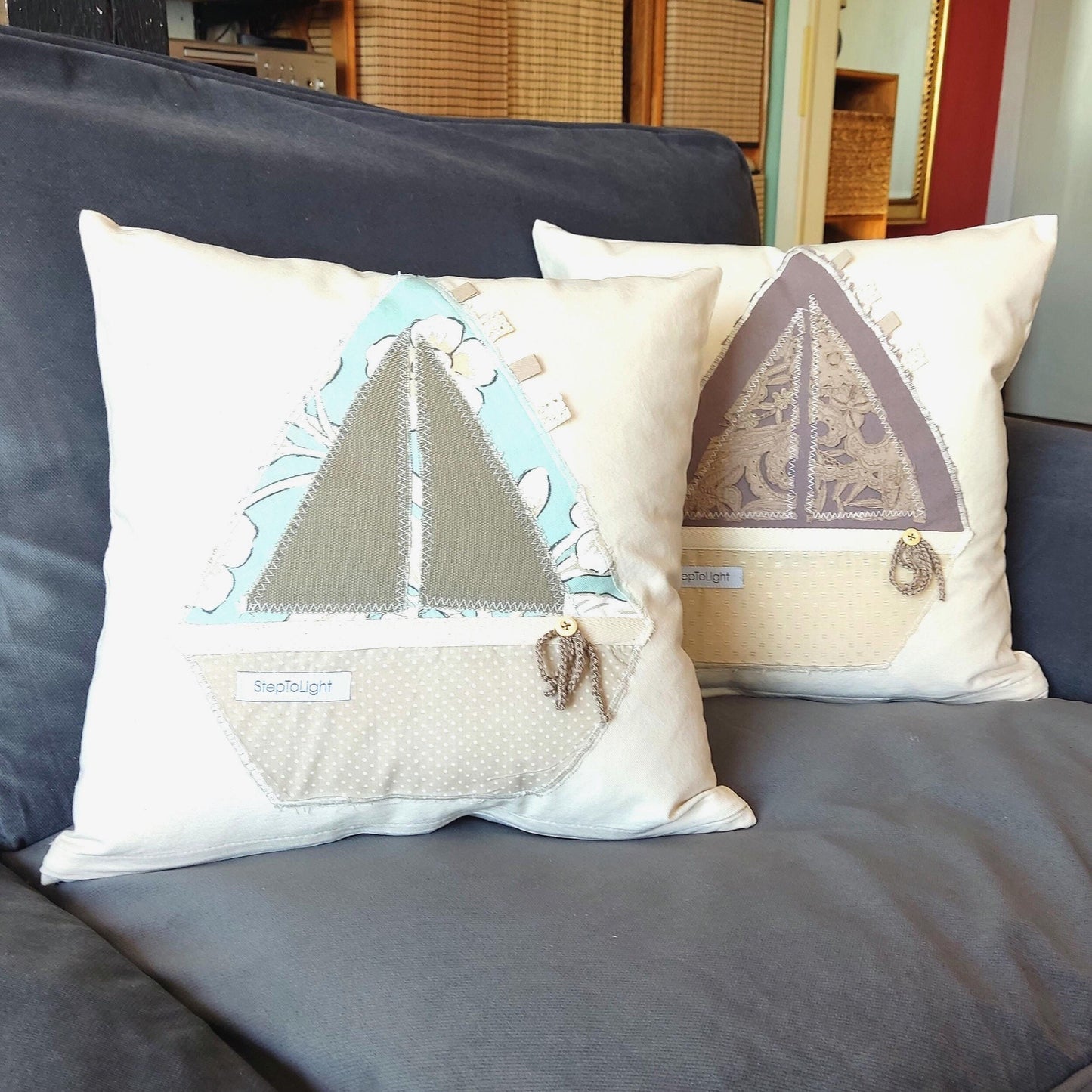 Nautical Pillow Cover Set - Handmade Patchwork Sailing Boat Coastal Decor