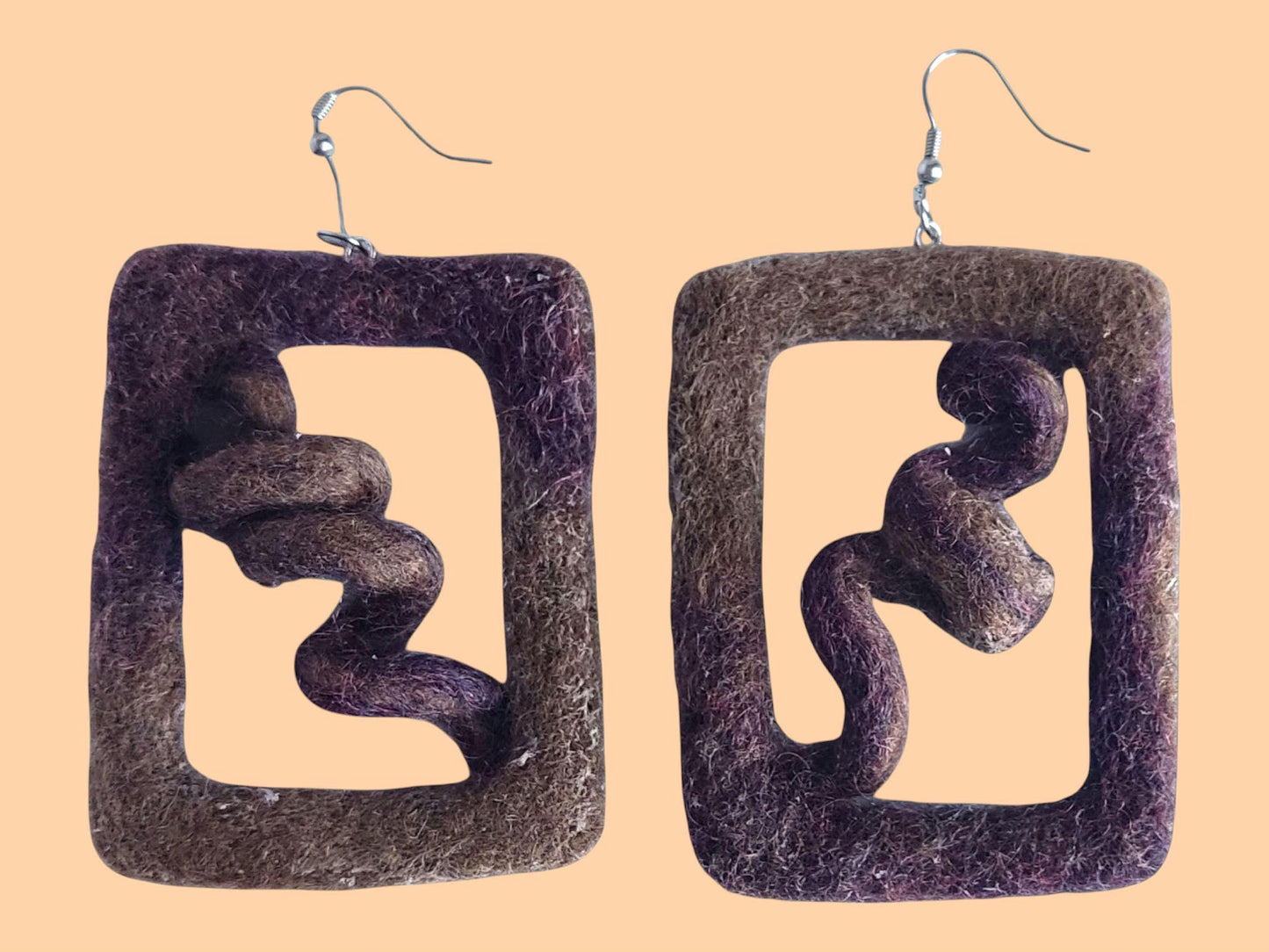 Handmade Felt Dangle Earrings: Brown Merino Wool Geometric Statement Jewelry