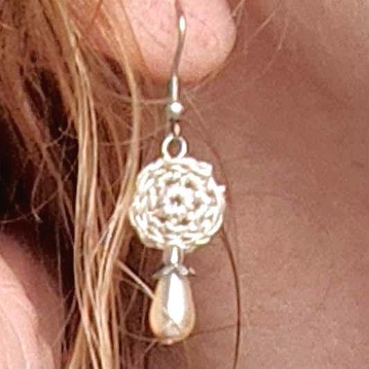 Crochet Pearl Drop Earrings: Beige Boho Dangle Earrings