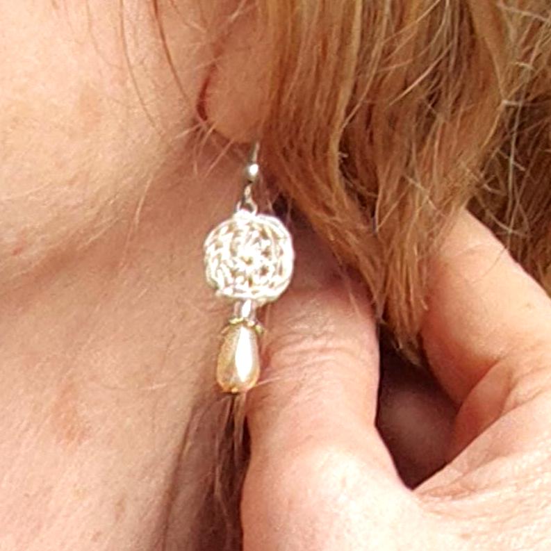 Crochet Pearl Drop Earrings: Beige Boho Dangle Earrings