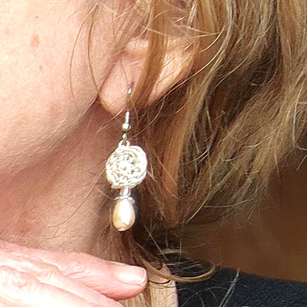 Crochet Pearl Drop Earrings: Beige Boho Dangle Earrings