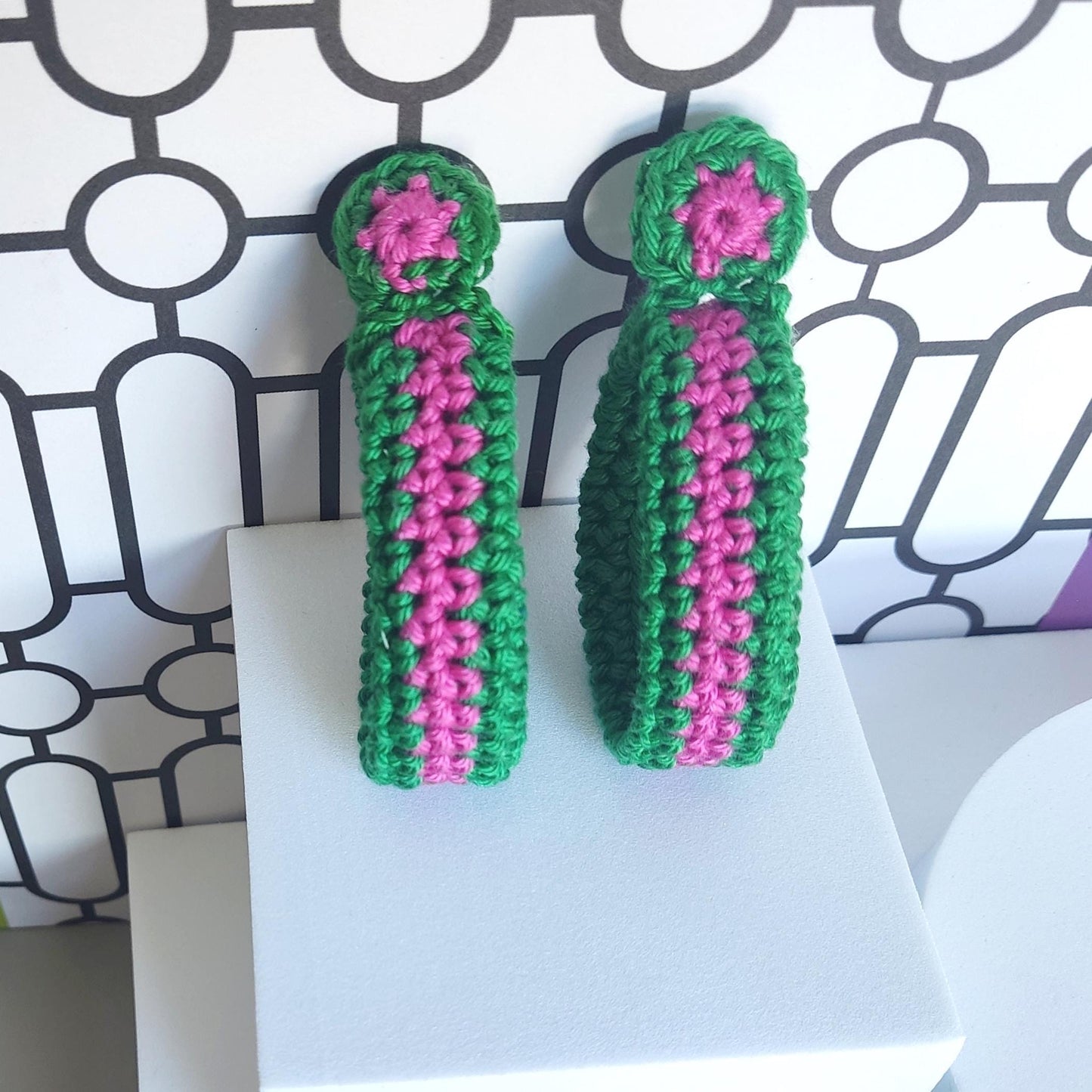 Pink Green Crochet Hoop Earrings: Cotton Yarn, Gold Plated Studs