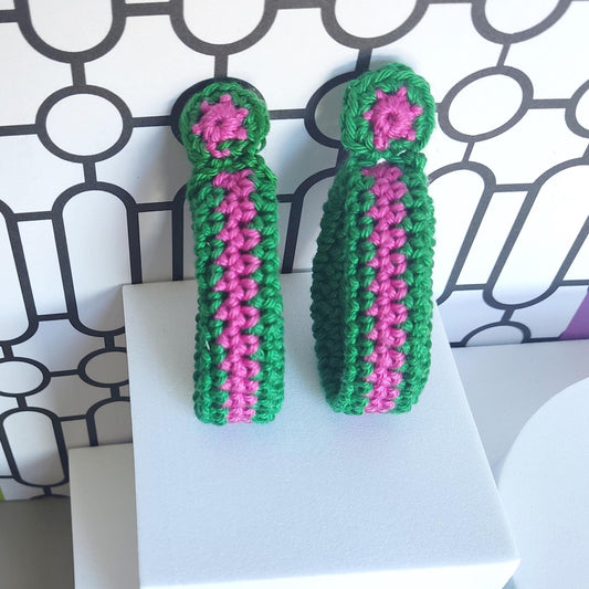 Pink Green Crochet Hoop Earrings: Cotton Yarn, Gold Plated Studs