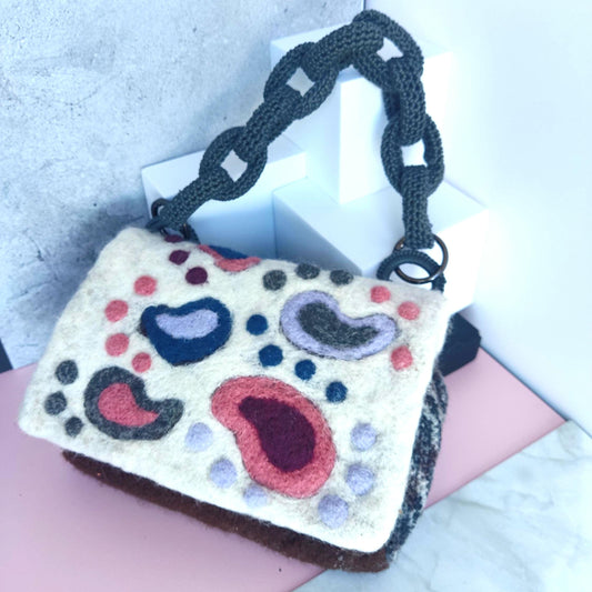 Felted Wool Shoulder Bag - Handmade Purse with Crochet Handle