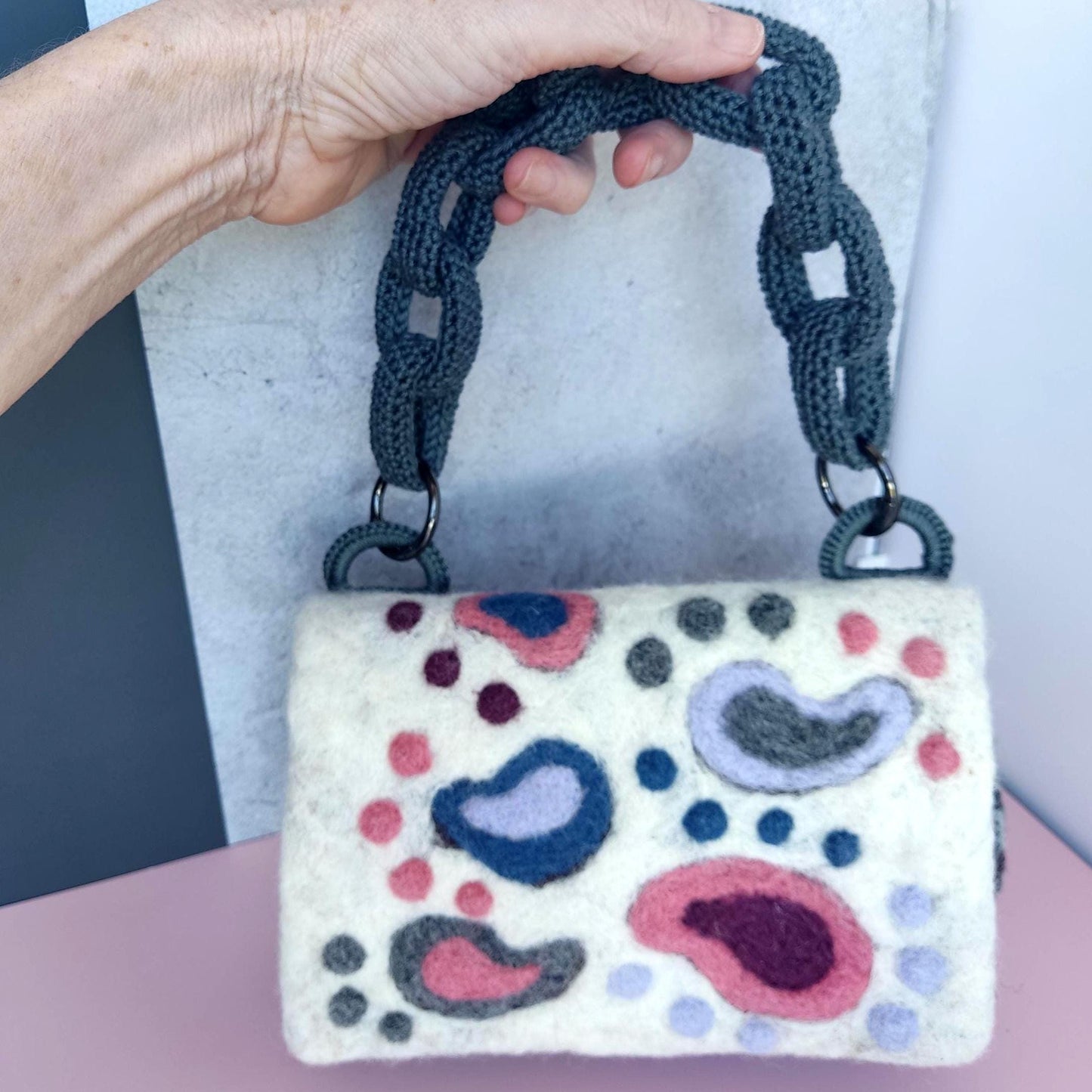 Felted Wool Shoulder Bag - Handmade Purse with Crochet Handle
