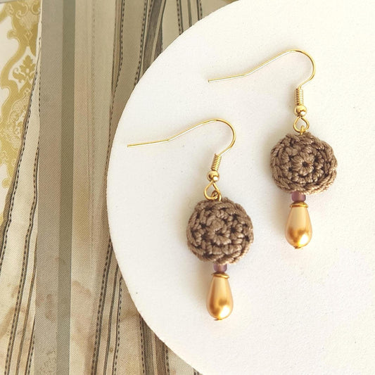 Crochet Pearl Dangle Earrings: Brown Boho Drop Earrings