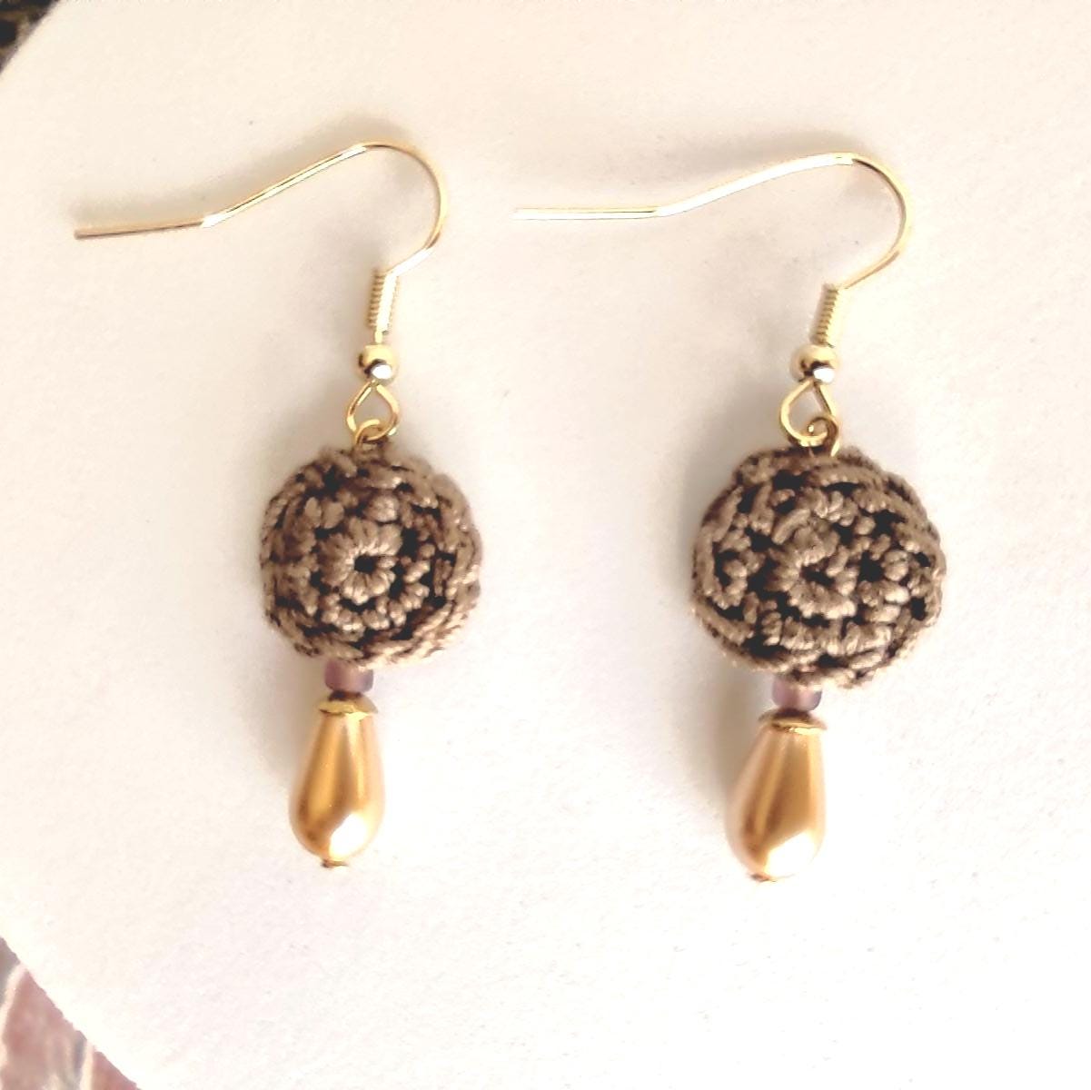 Crochet Pearl Dangle Earrings: Brown Boho Drop Earrings