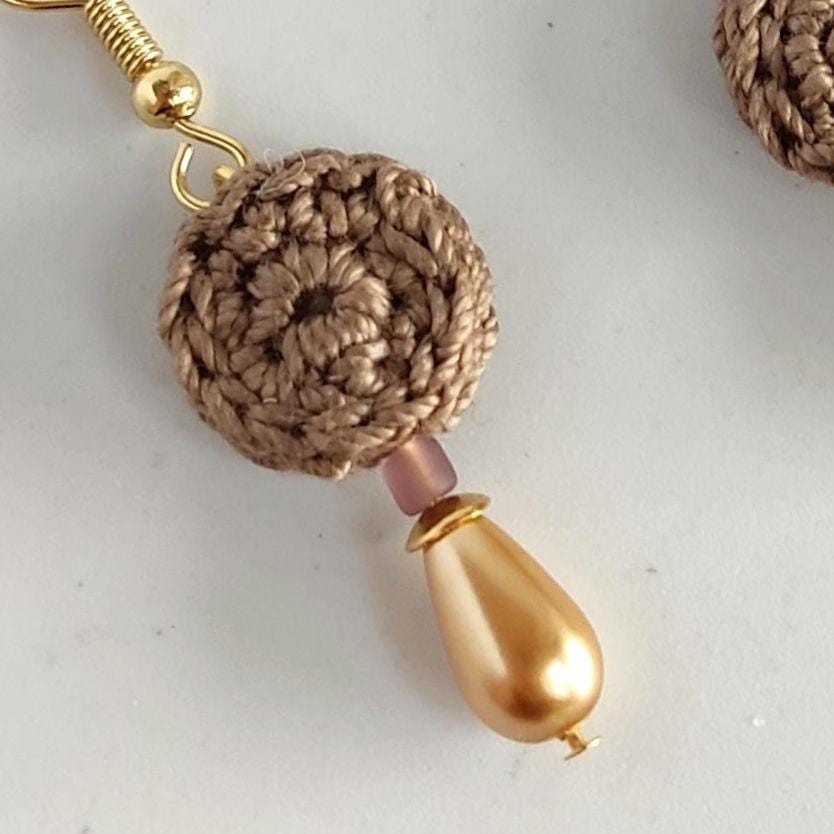 Crochet Pearl Dangle Earrings: Brown Boho Drop Earrings